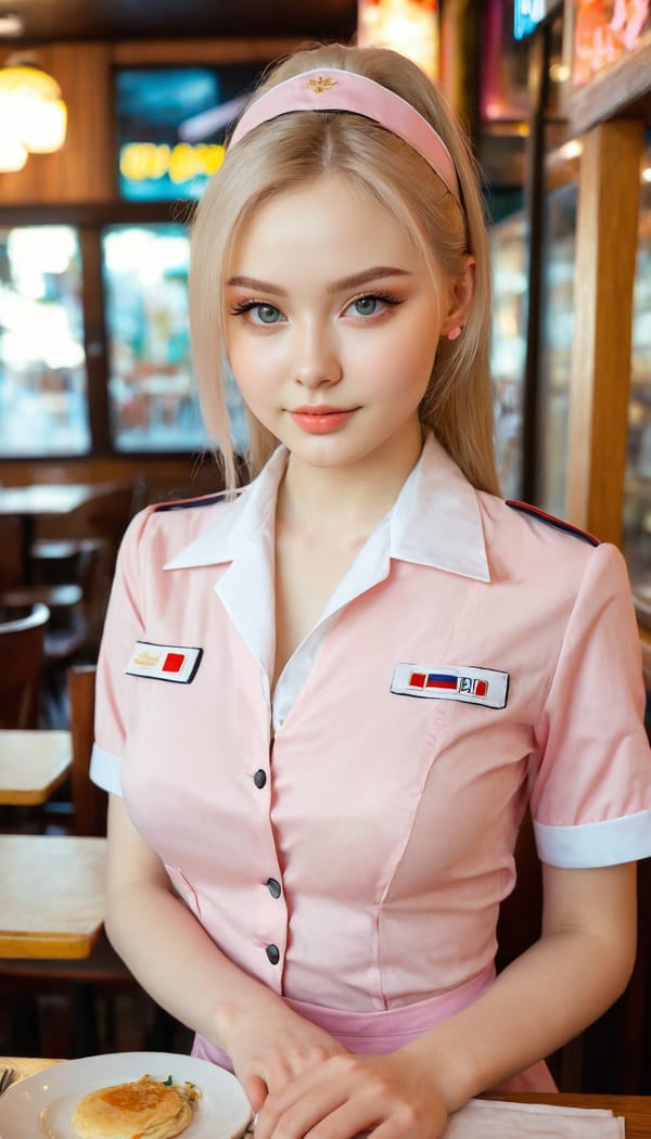 Tags: 21872187, SDXL
{"3": {"inputs": {"seed": 666287400401453, "steps": 64, "cfg": 7.16, "sampler_name": "dpmpp_2m", "scheduler": "karras", "denoise": 1.0, "model": ["27", 0], "positive": ["6", 0], "negative": ["7", 0], "latent_image": ["5", 0]}, "class_type": "KSampler"}, "4": {"inputs": {"ckpt_name": "juggernautxl.safetensors"}, "class_type": "CheckpointLoaderSimple"}, "5": {"inputs": {"width": 768, "height": 1344, "batch_size": 1}, "class_type": "EmptyLatentImage"}, "6": {"inputs": {"text": "20 year old girl, (russian:0.95), (cute:0.98), (slim:0.96), (sexy lips:0.95), (seductive facial expression:1.08), (blush:1.14), (detailed face:0.97), (beautiful eyes:1.00), (eyelashes:1.04), (double eyelids:0.97), (temptress:1.00), (pale skin:1.07), (idol:0.95), (seductive pose:1.11), (in a seductive pose:0.95), (large perky breasts:0.96), (cleavage:1.05), (thigh gap:0.96), (a waitress in uniform:1.13) working at a restaurant, (skin fuzz:1.08), (RAW:1.04), (textured skin:1.09), (soft lighting:1.03), (detailed skin:1.09), (natural looking skin:1.03), (film:1.01), (candid cinema:1.09), (portra:1.05)", "clip": ["27", 1]}, "class_type": "CLIPTextEncode"}, "7": {"inputs": {"text": "(low resolution:1.11), (worst quality:1.10), (bad hands:1.09), (watermark:1.09), (open mouth:1.05), (distorted:1.05), (twisted:1.07)", "clip": ["27", 1]}, "class_type": "CLIPTextEncode"}, "8": {"inputs": {"samples": ["3", 0], "vae": ["4", 2]}, "class_type": "VAEDecode"}, "25": {"inputs": {"lora_name": "nudify_xl.safetensors", "strength_model": 0.17, "strength_clip": 0.14, "model": ["4", 0], "clip": ["4", 1]}, "class_type": "LoraLoader"}, "26": {"inputs": {"lora_name": "shirtlift_SDXL_v2.safetensors", "strength_model": 0.1, "strength_clip": 0.09, "model": ["25", 0], "clip": ["25", 1]}, "class_type": "LoraLoader"}, "27": {"inputs": {"lora_name": "PerfectEyesXL.safetensors", "strength_model": 0.11, "strength_clip": 0.1, "model": ["26", 0], "clip": ["26", 1]}, "class_type": "LoraLoader"}, "30": {"inputs": {"model_name": "4x_NMKD-Superscale-SP_178000_G.pth"}, "class_type": "UpscaleModelLoader"}, "31": {"inputs": {"upscale_model": ["30", 0], "image": ["8", 0]}, "class_type": "ImageUpscaleWithModel"}, "32": {"inputs": {"upscale_method": "lanczos", "scale_by": 0.5, "image": ["31", 0]}, "class_type": "ImageScaleBy"}, "33": {"inputs": {"pixels": ["32", 0], "vae": ["4", 2]}, "class_type": "VAEEncode"}, "34": {"inputs": {"seed": 666287400401453, "steps": 64, "cfg": 7.16, "sampler_name": "dpmpp_2m", "scheduler": "karras", "denoise": 0.3, "model": ["27", 0], "positive": ["6", 0], "negative": ["7", 0], "latent_image": ["33", 0]}, "class_type": "KSampler"}, "36": {"inputs": {"samples": ["34", 0], "vae": ["4", 2]}, "class_type": "VAEDecode"}, "39": {"inputs": {"filename_prefix": "comfyapi-1715840117960", "images": ["36", 0]}, "class_type": "SaveImage"}}