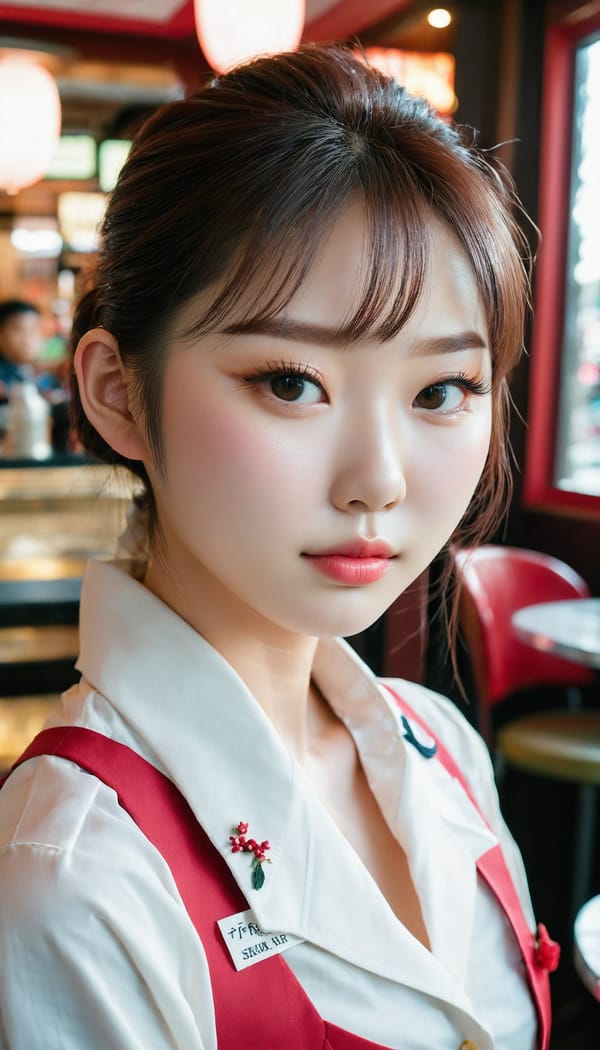 Tags: 21872187, SDXL
{"3": {"inputs": {"seed": 150052068531033, "steps": 32, "cfg": 7.99, "sampler_name": "dpmpp_2m", "scheduler": "karras", "denoise": 1.0, "model": ["27", 0], "positive": ["6", 0], "negative": ["7", 0], "latent_image": ["5", 0]}, "class_type": "KSampler"}, "4": {"inputs": {"ckpt_name": "juggernautxl.safetensors"}, "class_type": "CheckpointLoaderSimple"}, "5": {"inputs": {"width": 768, "height": 1344, "batch_size": 1}, "class_type": "EmptyLatentImage"}, "6": {"inputs": {"text": "21 year old girl, (korean:1.11), (eyelashes:1.03), (pale skin:1.05), (temptress:0.97), (slim:1.13), (double eyelids:1.03), (detailed face:0.96), (sexy lips:1.14), (cute:0.95), (blush:1.03), (beautiful eyes:1.07), (seductive pose:0.97), (idol:1.01), (on all fours:1.08), (spreading ass cheeks:0.96), (from behind:1.02), (backboob:0.98), (a waitress in uniform:1.02) working at a restaurant, (natural looking skin:1.09), (RAW:1.00), (textured skin:1.08), (film:1.06), (portra:1.03), (soft lighting:1.04), (detailed skin:1.04), (candid cinema:1.05), (skin fuzz:1.05)", "clip": ["27", 1]}, "class_type": "CLIPTextEncode"}, "7": {"inputs": {"text": "(low resolution:1.14), (bad hands:1.09), (watermark:1.06), (open mouth:1.12), (distorted:1.05), (twisted:1.12), (worst quality:1.14)", "clip": ["27", 1]}, "class_type": "CLIPTextEncode"}, "8": {"inputs": {"samples": ["3", 0], "vae": ["4", 2]}, "class_type": "VAEDecode"}, "25": {"inputs": {"lora_name": "nudify_xl.safetensors", "strength_model": 0.05, "strength_clip": 0.26, "model": ["4", 0], "clip": ["4", 1]}, "class_type": "LoraLoader"}, "26": {"inputs": {"lora_name": "shirtlift_SDXL_v2.safetensors", "strength_model": 0.06, "strength_clip": 0.07, "model": ["25", 0], "clip": ["25", 1]}, "class_type": "LoraLoader"}, "27": {"inputs": {"lora_name": "PerfectEyesXL.safetensors", "strength_model": 0.17, "strength_clip": 0.05, "model": ["26", 0], "clip": ["26", 1]}, "class_type": "LoraLoader"}, "30": {"inputs": {"model_name": "4x_NMKD-Superscale-SP_178000_G.pth"}, "class_type": "UpscaleModelLoader"}, "31": {"inputs": {"upscale_model": ["30", 0], "image": ["8", 0]}, "class_type": "ImageUpscaleWithModel"}, "32": {"inputs": {"upscale_method": "lanczos", "scale_by": 0.5, "image": ["31", 0]}, "class_type": "ImageScaleBy"}, "33": {"inputs": {"pixels": ["32", 0], "vae": ["4", 2]}, "class_type": "VAEEncode"}, "34": {"inputs": {"seed": 150052068531033, "steps": 32, "cfg": 7.99, "sampler_name": "dpmpp_2m", "scheduler": "karras", "denoise": 0.3, "model": ["27", 0], "positive": ["6", 0], "negative": ["7", 0], "latent_image": ["33", 0]}, "class_type": "KSampler"}, "36": {"inputs": {"samples": ["34", 0], "vae": ["4", 2]}, "class_type": "VAEDecode"}, "39": {"inputs": {"filename_prefix": "comfyapi-1726355527442", "images": ["36", 0]}, "class_type": "SaveImage"}}