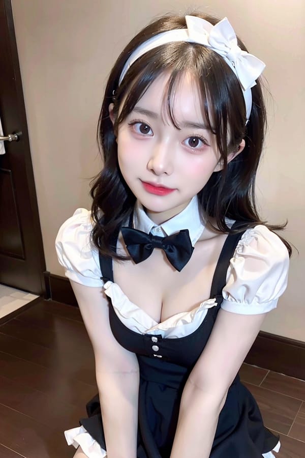 Tags: 21872187
<lora:mix4:0.55>, <lora:JapaneseDollLikeness_v15:0.41>, <lora:koreanDollLikeness:0.75>, (ukrainian:0.96), maid cafe, stockings, (maid costume:1.16), choker, bowtie, headband, (pleated skirt:0.94), (seductive pose:0.96), extremely detailed eyes, extremely detailed face, cute, (photorealistic:0.96), sexy lips, seductive smile, eyelashes, pale skin, perky breasts, textured skin, 4K, RAW, best quality, (thigh gap:1.12), blush, delicate and beautiful girl, 1girl, solo, (dramatic:1.19)
Negative prompt: paintings, disfigured, (worst quality:2.18)
Steps: 64, Sampler: DPM++ 2M Karras, CFG scale: 7.29, Seed: 207372032, Size: 512x768, Model hash: fc2511737a, Model: chilloutmix_NiPrunedFp32Fix, Seed resize from: -1x-1, Denoising strength: 0.45, Version: v1.2.1, Hires upscale: 2.0, Hires steps: 16, Hires upscaler: ESRGAN_4x