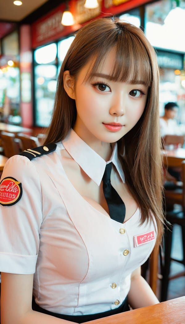 Tags: 21872187, SDXL
{"3": {"inputs": {"seed": 449859913706959, "steps": 64, "cfg": 7.3, "sampler_name": "dpmpp_2m", "scheduler": "karras", "denoise": 1.0, "model": ["27", 0], "positive": ["6", 0], "negative": ["7", 0], "latent_image": ["5", 0]}, "class_type": "KSampler"}, "4": {"inputs": {"ckpt_name": "juggernautxl.safetensors"}, "class_type": "CheckpointLoaderSimple"}, "5": {"inputs": {"width": 768, "height": 1344, "batch_size": 1}, "class_type": "EmptyLatentImage"}, "6": {"inputs": {"text": "21 year old girl, (cute:1.09), (sexy lips:1.04), (idol:1.00), (double eyelids:1.08), (eyelashes:0.95), (seductive facial expression:1.03), (blush:0.96), (slim:0.96), (beautiful eyes:1.04), (pale skin:1.03), (detailed face:1.06), (seductive pose:1.10), (in a seductive pose:1.04), (large perky breasts:1.04), (cleavage:0.97), (thigh gap:1.07), (a waitress in uniform:1.11) working at a restaurant, (film:1.03), (skin fuzz:1.08), (RAW:1.02), (natural looking skin:1.06), (portra:1.03), (candid cinema:1.08), (detailed skin:1.01), (soft lighting:1.09), (textured skin:1.02)", "clip": ["27", 1]}, "class_type": "CLIPTextEncode"}, "7": {"inputs": {"text": "(low resolution:1.06), (watermark:1.14), (bad hands:1.08), (twisted:1.11), (open mouth:1.06), (distorted:1.14), (worst quality:1.12)", "clip": ["27", 1]}, "class_type": "CLIPTextEncode"}, "8": {"inputs": {"samples": ["3", 0], "vae": ["4", 2]}, "class_type": "VAEDecode"}, "25": {"inputs": {"lora_name": "nudify_xl.safetensors", "strength_model": 0.28, "strength_clip": 0.2, "model": ["4", 0], "clip": ["4", 1]}, "class_type": "LoraLoader"}, "26": {"inputs": {"lora_name": "shirtlift_SDXL_v2.safetensors", "strength_model": 0.14, "strength_clip": 0.13, "model": ["25", 0], "clip": ["25", 1]}, "class_type": "LoraLoader"}, "27": {"inputs": {"lora_name": "PerfectEyesXL.safetensors", "strength_model": 0.0, "strength_clip": 0.12, "model": ["26", 0], "clip": ["26", 1]}, "class_type": "LoraLoader"}, "30": {"inputs": {"model_name": "4x_NMKD-Superscale-SP_178000_G.pth"}, "class_type": "UpscaleModelLoader"}, "31": {"inputs": {"upscale_model": ["30", 0], "image": ["8", 0]}, "class_type": "ImageUpscaleWithModel"}, "32": {"inputs": {"upscale_method": "lanczos", "scale_by": 0.5, "image": ["31", 0]}, "class_type": "ImageScaleBy"}, "33": {"inputs": {"pixels": ["32", 0], "vae": ["4", 2]}, "class_type": "VAEEncode"}, "34": {"inputs": {"seed": 449859913706959, "steps": 64, "cfg": 7.3, "sampler_name": "dpmpp_2m", "scheduler": "karras", "denoise": 0.3, "model": ["27", 0], "positive": ["6", 0], "negative": ["7", 0], "latent_image": ["33", 0]}, "class_type": "KSampler"}, "36": {"inputs": {"samples": ["34", 0], "vae": ["4", 2]}, "class_type": "VAEDecode"}, "39": {"inputs": {"filename_prefix": "comfyapi-1734103523988", "images": ["36", 0]}, "class_type": "SaveImage"}}