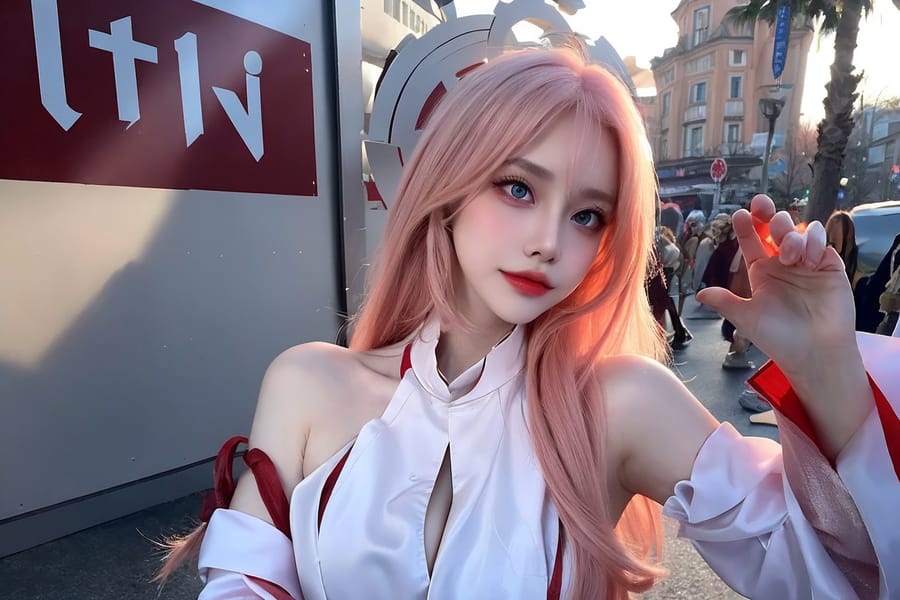 Tags: 21872187
<lora:mix4:0.35>, <lora:koreanDollLikeness:0.70>, <lora:YaeMiko_Test:0.78>, (ukrainian:1.06), (cosplay:1.14), cosplay exhibition, comiket, posing for camera, (seductive pose:1.13), extremely detailed eyes, extremely detailed face, cute, (photorealistic:1.03), sexy lips, seductive smile, double eyelids, eyelashes, pale skin, perky breasts, full body portrait, textured skin, 4K, (long slim legs:0.94), blush, delicate and beautiful girl, solo, (stunningly attractive:1.04), (dramatic:1.19)
Negative prompt: anime, fat, (worst quality:1.91)
Steps: 32, Sampler: DPM++ 2M Karras, CFG scale: 6.68, Seed: 606905080, Size: 768x512, Model hash: fc2511737a, Model: chilloutmix_NiPrunedFp32Fix, Seed resize from: -1x-1, Denoising strength: 0.3, Version: v1.2.1, Hires upscale: 2.0, Hires steps: 16, Hires upscaler: ESRGAN_4x