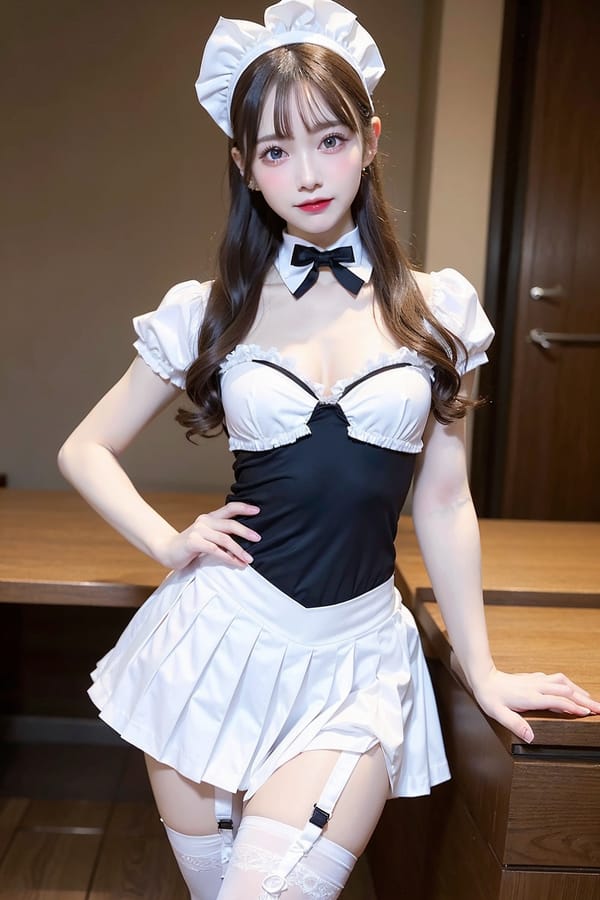 Tags: 21872187
<lora:mix4:0.42>, <lora:JapaneseDollLikeness_v15:0.78>, (russian:1.07), maid cafe, stockings, (maid costume:1.07), choker, bowtie, headband, (pleated skirt:1.07), (seductive pose:1.14), extremely detailed eyes, extremely detailed face, cute, sexy lips, seductive smile, double eyelids, eyelashes, pale skin, perky breasts, textured skin, best quality, sharp, tall, (long slim legs:1.19), (thigh gap:0.97), (dramatic:1.00)
Negative prompt: drawings, sketches, black and white, fat, (worst quality:2.09)
Steps: 32, Sampler: DPM++ 2M Karras, CFG scale: 6.38, Seed: 1243801247, Size: 512x768, Model hash: fc2511737a, Model: chilloutmix_NiPrunedFp32Fix, Seed resize from: -1x-1, Denoising strength: 0.4, Version: v1.2.1, Hires upscale: 2.0, Hires steps: 16, Hires upscaler: ESRGAN_4x