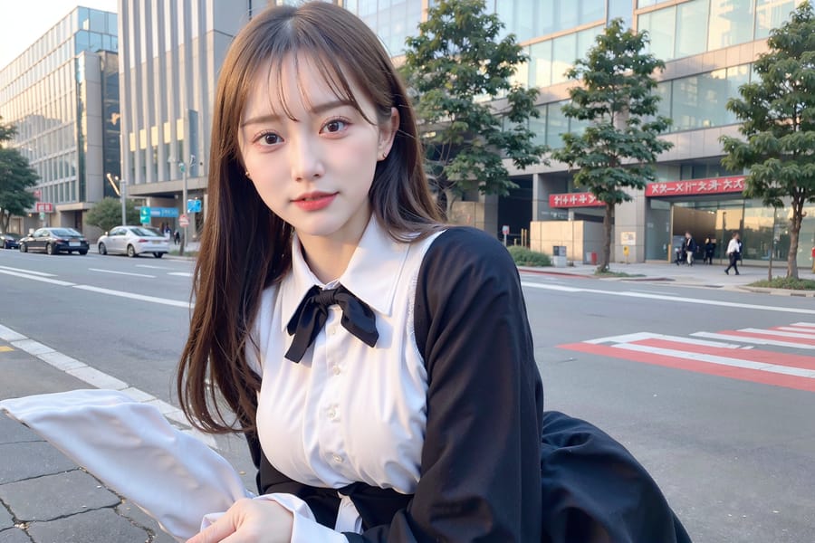 Tags: 21872187
<lora:koreanDollLikeness:0.48>, <lora:taiwanDollLikeness_v20:0.38>, (russian:1.02), (school uniform:1.14), (large breasts:1.05), choker, busy street in urban city, <lora:skirtlift-v4:0.93 <lora:Addams:0.31>, extremely detailed face, cute, (photorealistic:1.19), seductive smile, double eyelids, eyelashes, pale skin, perky breasts, textured skin, 4K, RAW, (long slim legs:1.12), blush, solo, (dramatic:1.10)
Negative prompt: drawings, paintings, anime, black and white, (normal quality:1.92), (worst quality:2.13)
Steps: 32, Sampler: DPM++ 2M Karras, CFG scale: 5.3, Seed: 1978479678, Size: 768x512, Model hash: fc2511737a, Model: chilloutmix_NiPrunedFp32Fix, Seed resize from: -1x-1, Denoising strength: 0.5, Version: v1.2.1, Hires upscale: 3.0, Hires steps: 16, Hires upscaler: ESRGAN_4x