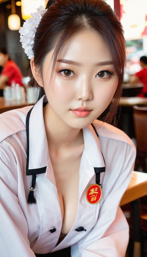 Tags: 21872187, SDXL
{"3": {"inputs": {"seed": 856720814628696, "steps": 32, "cfg": 7.49, "sampler_name": "dpmpp_2m", "scheduler": "karras", "denoise": 1.0, "model": ["27", 0], "positive": ["6", 0], "negative": ["7", 0], "latent_image": ["5", 0]}, "class_type": "KSampler"}, "4": {"inputs": {"ckpt_name": "juggernautxl.safetensors"}, "class_type": "CheckpointLoaderSimple"}, "5": {"inputs": {"width": 768, "height": 1344, "batch_size": 1}, "class_type": "EmptyLatentImage"}, "6": {"inputs": {"text": "19 year old girl, (chinese:1.08), (korean:1.03), (temptress:1.14), (idol:1.10), (seductive facial expression:0.98), (pale skin:0.95), (cute:1.12), (eyelashes:1.11), (sexy lips:0.95), (beautiful eyes:1.11), (slim:1.06), (double eyelids:1.02), (blush:1.09), (seductive pose:1.07), (detailed face:1.14), (on all fours:0.99), (spreading ass cheeks:1.13), (from behind:1.14), (backboob:0.95), (a waitress in uniform:1.07) working at a restaurant, (film:1.03), (portra:1.04), (detailed skin:1.00), (soft lighting:1.06), (natural looking skin:1.04), (textured skin:1.03), (RAW:1.03), (candid cinema:1.01), (skin fuzz:1.02)", "clip": ["27", 1]}, "class_type": "CLIPTextEncode"}, "7": {"inputs": {"text": "(distorted:1.09), (twisted:1.11), (worst quality:1.13), (watermark:1.06), (bad hands:1.12), (low resolution:1.13), (open mouth:1.10)", "clip": ["27", 1]}, "class_type": "CLIPTextEncode"}, "8": {"inputs": {"samples": ["3", 0], "vae": ["4", 2]}, "class_type": "VAEDecode"}, "25": {"inputs": {"lora_name": "nudify_xl.safetensors", "strength_model": 0.25, "strength_clip": 0.05, "model": ["4", 0], "clip": ["4", 1]}, "class_type": "LoraLoader"}, "26": {"inputs": {"lora_name": "shirtlift_SDXL_v2.safetensors", "strength_model": 0.03, "strength_clip": 0.04, "model": ["25", 0], "clip": ["25", 1]}, "class_type": "LoraLoader"}, "27": {"inputs": {"lora_name": "PerfectEyesXL.safetensors", "strength_model": 0.16, "strength_clip": 0.13, "model": ["26", 0], "clip": ["26", 1]}, "class_type": "LoraLoader"}, "30": {"inputs": {"model_name": "4x_NMKD-Superscale-SP_178000_G.pth"}, "class_type": "UpscaleModelLoader"}, "31": {"inputs": {"upscale_model": ["30", 0], "image": ["8", 0]}, "class_type": "ImageUpscaleWithModel"}, "32": {"inputs": {"upscale_method": "lanczos", "scale_by": 0.5, "image": ["31", 0]}, "class_type": "ImageScaleBy"}, "33": {"inputs": {"pixels": ["32", 0], "vae": ["4", 2]}, "class_type": "VAEEncode"}, "34": {"inputs": {"seed": 856720814628696, "steps": 32, "cfg": 7.49, "sampler_name": "dpmpp_2m", "scheduler": "karras", "denoise": 0.3, "model": ["27", 0], "positive": ["6", 0], "negative": ["7", 0], "latent_image": ["33", 0]}, "class_type": "KSampler"}, "36": {"inputs": {"samples": ["34", 0], "vae": ["4", 2]}, "class_type": "VAEDecode"}, "39": {"inputs": {"filename_prefix": "comfyapi-1728354329776", "images": ["36", 0]}, "class_type": "SaveImage"}}