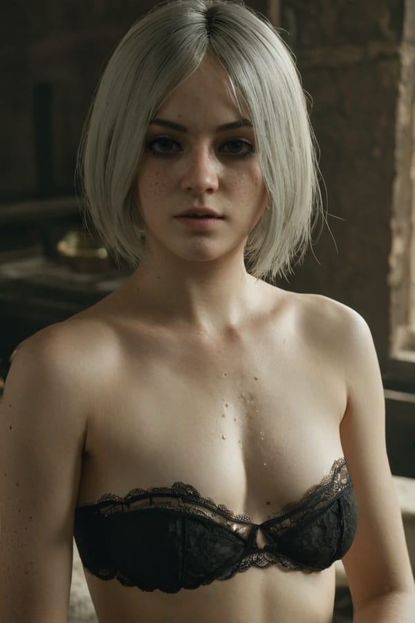 Tags: undefined
professional  cinematic photo, 2b nier automata, lace,  detailed natural skin and blemishes, close-up, face focus,  35mm photograph, professional, 4k, highly detailed, (freckles:0.3),  bare breasts, (topless:1.8), (small perky breasts:1.7)
Negative prompt: drawing, painting, crayon, sketch, graphite, impressionist, noisy, blurry, soft, deformed, ugly, (worst quality, low quality, normal quality, lowres, low details, oversaturated, undersaturated, overexposed, underexposed, grayscale, bw, bad photo, bad photography, bad art:1.4), (watermark, signature, text font, username, error, logo, words, letters, digits, autograph, trademark, name:1.2), (blur, blurry, grainy), morbid, ugly, asymmetrical, mutated malformed, mutilated, poorly lit, bad shadow, draft, cropped, out of frame, cut off, censored, jpeg artifacts, out of focus, glitch, duplicate, (airbrushed, cartoon, anime, semi-realistic, cgi, render, blender, digital art, manga, amateur:1.3), (3D ,3D Game, 3D Game Scene, 3D Character:1.1), (bad hands, bad anatomy, bad body, bad face, bad teeth, bad arms, bad legs, deformities:1.3)
Steps: 40, Sampler: DPM++ 2M, CFG scale: 7, Seed: 1288801952, Size: 768x1152, Model hash: aeb7e9e689, Model: juggernautXL_v8Rundiffusion, Version: v1.7.0