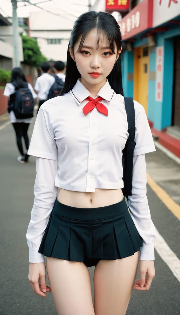 Tags: 21872187, SDXL
{"3": {"inputs": {"seed": 505988412761425, "steps": 32, "cfg": 7.46, "sampler_name": "dpmpp_2m", "scheduler": "karras", "denoise": 1.0, "model": ["27", 0], "positive": ["6", 0], "negative": ["7", 0], "latent_image": ["5", 0]}, "class_type": "KSampler"}, "4": {"inputs": {"ckpt_name": "juggernautxl.safetensors"}, "class_type": "CheckpointLoaderSimple"}, "5": {"inputs": {"width": 768, "height": 1344, "batch_size": 1}, "class_type": "EmptyLatentImage"}, "6": {"inputs": {"text": "20 year old girl, (chinese:1.04), (pale skin:1.05), (temptress:1.04), (double eyelids:1.11), (sexy lips:1.04), (idol:1.07), (slim:1.01), (cute:1.03), (detailed face:1.12), (seductive facial expression:0.98), (seductive pose:1.14), (blush:1.11), (perky ass:1.01), (exposed ass:0.98), (looking back:1.14), (sexy ass:1.09), (thigh gap:1.11), (school uniform:1.14), choker, busy street, (natural looking skin:1.00), (portra:1.03), (skin fuzz:1.05), (film:1.05), (RAW:1.09), (candid cinema:1.07), (detailed skin:1.07), (soft lighting:1.08), (textured skin:1.05)", "clip": ["27", 1]}, "class_type": "CLIPTextEncode"}, "7": {"inputs": {"text": "(watermark:1.12), (open mouth:1.14), (low resolution:1.14), (distorted:1.10), (bad hands:1.14), (worst quality:1.06), (twisted:1.11)", "clip": ["27", 1]}, "class_type": "CLIPTextEncode"}, "8": {"inputs": {"samples": ["3", 0], "vae": ["4", 2]}, "class_type": "VAEDecode"}, "25": {"inputs": {"lora_name": "nudify_xl.safetensors", "strength_model": 0.26, "strength_clip": 0.33, "model": ["4", 0], "clip": ["4", 1]}, "class_type": "LoraLoader"}, "26": {"inputs": {"lora_name": "shirtlift_SDXL_v2.safetensors", "strength_model": 0.18, "strength_clip": 0.0, "model": ["25", 0], "clip": ["25", 1]}, "class_type": "LoraLoader"}, "27": {"inputs": {"lora_name": "PerfectEyesXL.safetensors", "strength_model": 0.02, "strength_clip": 0.17, "model": ["26", 0], "clip": ["26", 1]}, "class_type": "LoraLoader"}, "30": {"inputs": {"model_name": "4x_NMKD-Superscale-SP_178000_G.pth"}, "class_type": "UpscaleModelLoader"}, "31": {"inputs": {"upscale_model": ["30", 0], "image": ["8", 0]}, "class_type": "ImageUpscaleWithModel"}, "32": {"inputs": {"upscale_method": "lanczos", "scale_by": 0.5, "image": ["31", 0]}, "class_type": "ImageScaleBy"}, "33": {"inputs": {"pixels": ["32", 0], "vae": ["4", 2]}, "class_type": "VAEEncode"}, "34": {"inputs": {"seed": 505988412761425, "steps": 32, "cfg": 7.46, "sampler_name": "dpmpp_2m", "scheduler": "karras", "denoise": 0.3, "model": ["27", 0], "positive": ["6", 0], "negative": ["7", 0], "latent_image": ["33", 0]}, "class_type": "KSampler"}, "36": {"inputs": {"samples": ["34", 0], "vae": ["4", 2]}, "class_type": "VAEDecode"}, "39": {"inputs": {"filename_prefix": "comfyapi-1715943774816", "images": ["36", 0]}, "class_type": "SaveImage"}}