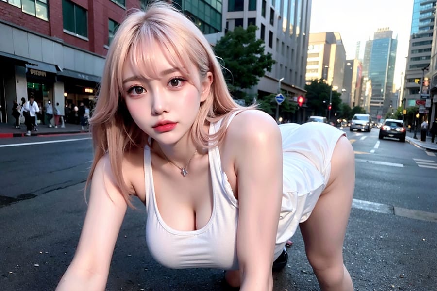 Tags: 21872187
<lora:JapaneseDollLikeness_v15:0.32>, <lora:koreanDollLikeness:0.70>, <lora:YaeMiko_Test:0.54>, (white tank top:1.08), (large breasts:1.11), busy street in urban city, (on all fours:0.97), spreading ass cheeks, (from behind:0.98), <lora:fixStandingDoggyStyle:0.25>, backboob, <lora:Addams:0.22>, extremely detailed eyes, extremely detailed face, (photorealistic:1.17), sexy lips, seductive smile, eyelashes, pale skin, perky breasts, textured skin, 4K, best quality, sharp, tall, (thigh gap:1.09), delicate and beautiful girl, 1girl
Negative prompt: sketches, paintings, ugly, (worst quality:2.14)
Steps: 64, Sampler: DPM++ 2M Karras, CFG scale: 5.79, Seed: 2032800198, Size: 768x512, Model hash: fc2511737a, Model: chilloutmix_NiPrunedFp32Fix, Seed resize from: -1x-1, Denoising strength: 0.4, Version: v1.2.1, Hires upscale: 2.5, Hires steps: 16, Hires upscaler: ESRGAN_4x