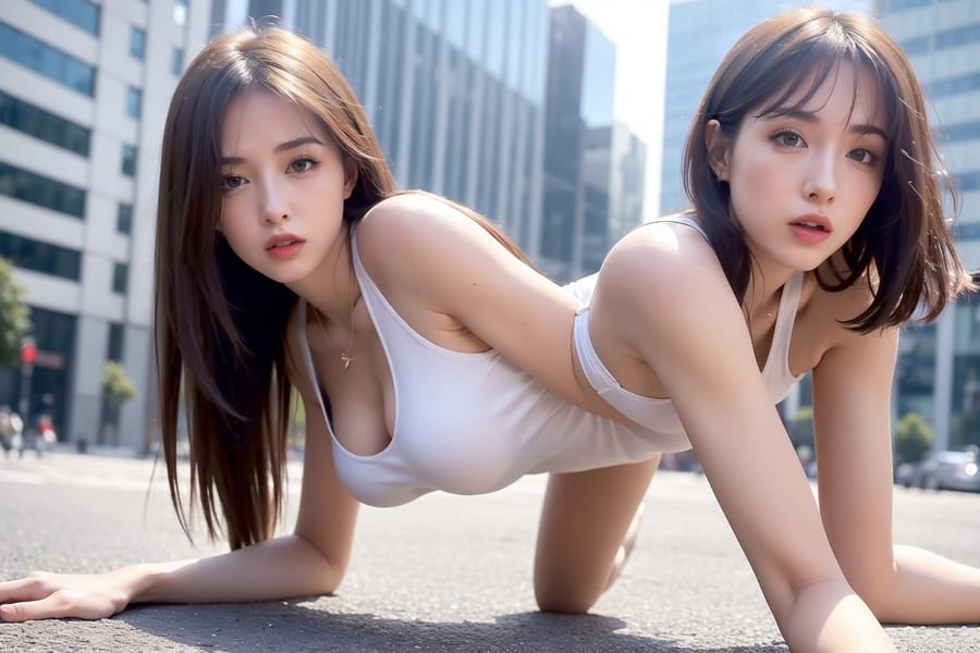 Tags: 21872187
<lora:mix4:0.57>, (white tank top:1.20), (large breasts:1.08), busy street in urban city, (on all fours:1.17), spreading ass cheeks, (from behind:1.04), <lora:fixStandingDoggyStyle:0.21>, backboob, <lora:Addams:0.23>, extremely detailed eyes, extremely detailed face, cute, (photorealistic:1.15), sexy lips, eyelashes, pale skin, perky breasts, full body portrait, textured skin, RAW, best quality, sharp, hyper realistic, tall, (long slim legs:1.11), (thigh gap:1.11), 1girl, solo, (stunningly attractive:1.05), (dramatic:1.06)
Negative prompt: drawings, sketches, ugly, (worst quality:1.93)
Steps: 32, Sampler: DPM++ 2M Karras, CFG scale: 6.17, Seed: 4071693519, Size: 768x512, Model hash: fc2511737a, Model: chilloutmix_NiPrunedFp32Fix, Seed resize from: -1x-1, Denoising strength: 0.4, Version: v1.2.1, Hires upscale: 2.0, Hires steps: 48, Hires upscaler: ESRGAN_4x