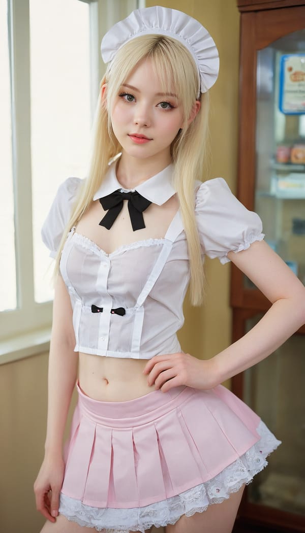 Tags: 21872187, SDXL
{"3": {"inputs": {"seed": 771654367344465, "steps": 64, "cfg": 7.08, "sampler_name": "dpmpp_2m", "scheduler": "karras", "denoise": 1.0, "model": ["27", 0], "positive": ["6", 0], "negative": ["7", 0], "latent_image": ["5", 0]}, "class_type": "KSampler"}, "4": {"inputs": {"ckpt_name": "juggernautxl.safetensors"}, "class_type": "CheckpointLoaderSimple"}, "5": {"inputs": {"width": 768, "height": 1344, "batch_size": 1}, "class_type": "EmptyLatentImage"}, "6": {"inputs": {"text": "18 year old girl, (pale skin:1.03), (detailed face:0.97), (seductive facial expression:1.05), (idol:1.12), (temptress:0.95), (cute:0.99), (slim:1.07), (double eyelids:1.14), (sexy lips:1.05), (beautiful eyes:0.95), (seductive pose:1.10), (eyelashes:1.08), (blush:0.96), (perky ass:0.96), (exposed ass:1.14), (looking back:1.06), (sexy ass:1.07), (thigh gap:1.03), in a (skimpy maid costume:1.12) working at a maid cafe, choker, bowtie, headband, pleated skirt, (detailed skin:1.07), (RAW:1.05), (textured skin:1.02), (natural looking skin:1.04), (soft lighting:1.06), (skin fuzz:1.03), (candid cinema:1.00), (portra:1.08), (film:1.08)", "clip": ["27", 1]}, "class_type": "CLIPTextEncode"}, "7": {"inputs": {"text": "(worst quality:1.11), (low resolution:1.08), (twisted:1.10), (open mouth:1.05), (distorted:1.08), (watermark:1.11), (bad hands:1.06)", "clip": ["27", 1]}, "class_type": "CLIPTextEncode"}, "8": {"inputs": {"samples": ["3", 0], "vae": ["4", 2]}, "class_type": "VAEDecode"}, "25": {"inputs": {"lora_name": "nudify_xl.safetensors", "strength_model": 0.14, "strength_clip": 0.03, "model": ["4", 0], "clip": ["4", 1]}, "class_type": "LoraLoader"}, "26": {"inputs": {"lora_name": "shirtlift_SDXL_v2.safetensors", "strength_model": 0.13, "strength_clip": 0.03, "model": ["25", 0], "clip": ["25", 1]}, "class_type": "LoraLoader"}, "27": {"inputs": {"lora_name": "PerfectEyesXL.safetensors", "strength_model": 0.01, "strength_clip": 0.08, "model": ["26", 0], "clip": ["26", 1]}, "class_type": "LoraLoader"}, "30": {"inputs": {"model_name": "4x_NMKD-Superscale-SP_178000_G.pth"}, "class_type": "UpscaleModelLoader"}, "31": {"inputs": {"upscale_model": ["30", 0], "image": ["8", 0]}, "class_type": "ImageUpscaleWithModel"}, "32": {"inputs": {"upscale_method": "lanczos", "scale_by": 0.5, "image": ["31", 0]}, "class_type": "ImageScaleBy"}, "33": {"inputs": {"pixels": ["32", 0], "vae": ["4", 2]}, "class_type": "VAEEncode"}, "34": {"inputs": {"seed": 771654367344465, "steps": 64, "cfg": 7.08, "sampler_name": "dpmpp_2m", "scheduler": "karras", "denoise": 0.3, "model": ["27", 0], "positive": ["6", 0], "negative": ["7", 0], "latent_image": ["33", 0]}, "class_type": "KSampler"}, "36": {"inputs": {"samples": ["34", 0], "vae": ["4", 2]}, "class_type": "VAEDecode"}, "39": {"inputs": {"filename_prefix": "comfyapi-1713489429834", "images": ["36", 0]}, "class_type": "SaveImage"}}