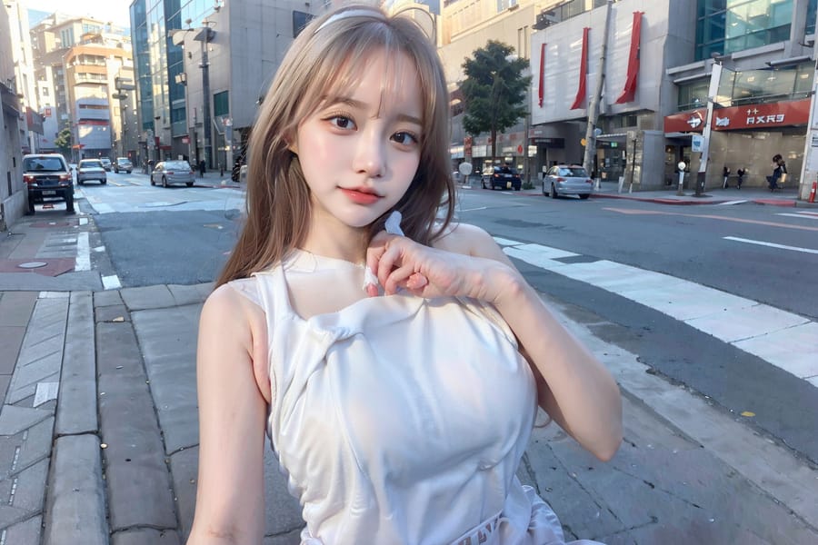 Tags: 21872187
<lora:mix4:0.36>, <lora:JapaneseDollLikeness_v15:0.71>, <lora:koreanDollLikeness:0.68>, <lora:YaeMiko_Test:0.62>, (white tank top:1.19), (large breasts:1.10), busy street in urban city, <lora:shirtliftv3:1.14>, <lora:breastinClass:0.48>, extremely detailed face, cute, (photorealistic:1.06), sexy lips, double eyelids, eyelashes, pale skin, full body portrait, sharp, tall, (long slim legs:1.18), 1girl
Negative prompt: paintings, black and white, fat, disfigured, (worst quality:2.07)
Steps: 32, Sampler: DPM++ 2M Karras, CFG scale: 7.02, Seed: 533600790, Size: 768x512, Model hash: fc2511737a, Model: chilloutmix_NiPrunedFp32Fix, Seed resize from: -1x-1, Denoising strength: 0.45, Version: v1.2.1, Hires upscale: 3.0, Hires steps: 32, Hires upscaler: ESRGAN_4x