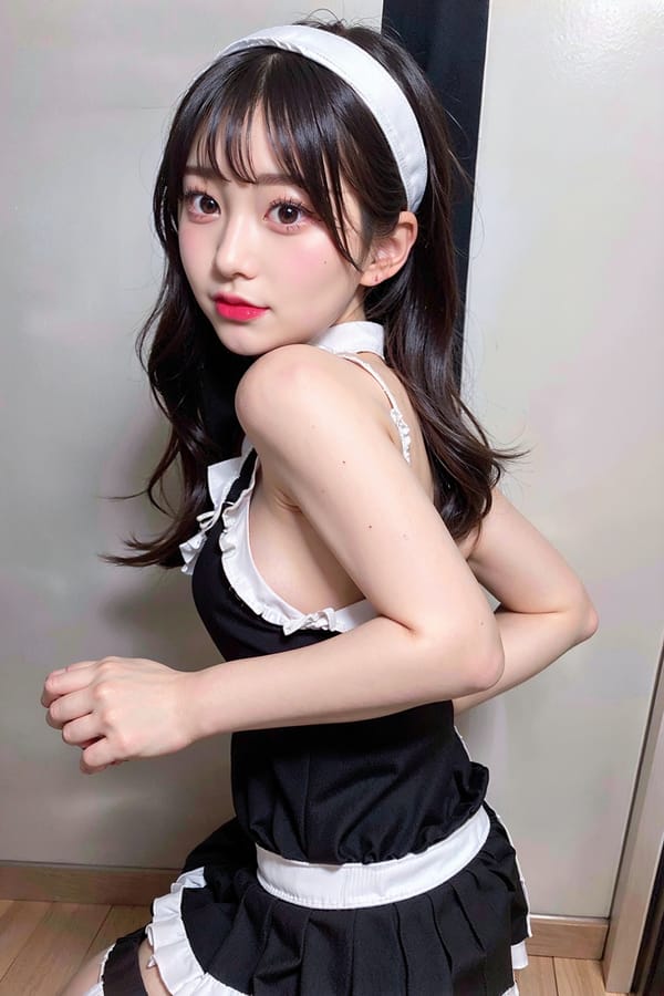 Tags: 21872187
<lora:JapaneseDollLikeness_v15:0.74>, <lora:koreanDollLikeness:0.53>, maid cafe, stockings, (maid costume:0.92), choker, bowtie, headband, (pleated skirt:1.20), (perky ass:1.12), (exposed ass:0.94), (looking back:1.14), <lora:Addams:0.28>, extremely detailed eyes, cute, (photorealistic:1.04), sexy lips, seductive smile, double eyelids, eyelashes, pale skin, perky breasts, 4K, RAW, best quality, sharp, 1girl, solo
Negative prompt: drawings, sketches, paintings, ugly, disfigured, (normal quality:1.94), (worst quality:2.14)
Steps: 48, Sampler: DPM++ 2M Karras, CFG scale: 6.48, Seed: 2862884979, Size: 512x768, Model hash: fc2511737a, Model: chilloutmix_NiPrunedFp32Fix, Seed resize from: -1x-1, Denoising strength: 0.4, Version: v1.2.1, Hires upscale: 3.0, Hires steps: 16, Hires upscaler: ESRGAN_4x