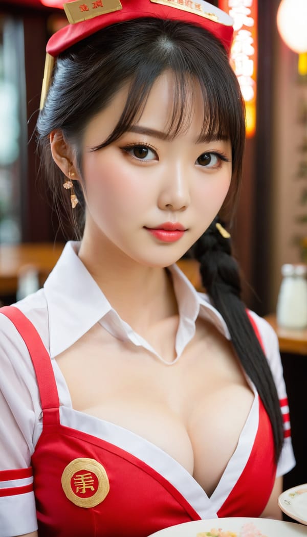 Tags: 21872187, SDXL
{"3": {"inputs": {"seed": 135491057166349, "steps": 64, "cfg": 7.85, "sampler_name": "dpmpp_2m", "scheduler": "karras", "denoise": 1.0, "model": ["27", 0], "positive": ["6", 0], "negative": ["7", 0], "latent_image": ["5", 0]}, "class_type": "KSampler"}, "4": {"inputs": {"ckpt_name": "juggernautxl.safetensors"}, "class_type": "CheckpointLoaderSimple"}, "5": {"inputs": {"width": 768, "height": 1344, "batch_size": 1}, "class_type": "EmptyLatentImage"}, "6": {"inputs": {"text": "22 year old girl, (chinese:1.09), (cute:1.01), (detailed face:1.01), (blush:1.09), (temptress:1.13), (pale skin:1.09), (double eyelids:1.08), (idol:0.97), (beautiful eyes:1.05), (seductive pose:1.06), (sexy lips:1.02), (slim:1.14), (eyelashes:1.00), (in a seductive pose:1.13), (large perky breasts:1.03), (cleavage:0.96), (thigh gap:1.05), (a waitress in uniform:1.00) working at a restaurant, (film:1.01), (detailed skin:1.08), (candid cinema:1.05), (RAW:1.00), (textured skin:1.06), (portra:1.03), (soft lighting:1.09), (skin fuzz:1.07), (natural looking skin:1.06)", "clip": ["27", 1]}, "class_type": "CLIPTextEncode"}, "7": {"inputs": {"text": "(open mouth:1.11), (twisted:1.05), (bad hands:1.14), (distorted:1.09), (watermark:1.11), (low resolution:1.05), (worst quality:1.11)", "clip": ["27", 1]}, "class_type": "CLIPTextEncode"}, "8": {"inputs": {"samples": ["3", 0], "vae": ["4", 2]}, "class_type": "VAEDecode"}, "25": {"inputs": {"lora_name": "nudify_xl.safetensors", "strength_model": 0.02, "strength_clip": 0.07, "model": ["4", 0], "clip": ["4", 1]}, "class_type": "LoraLoader"}, "26": {"inputs": {"lora_name": "shirtlift_SDXL_v2.safetensors", "strength_model": 0.18, "strength_clip": 0.17, "model": ["25", 0], "clip": ["25", 1]}, "class_type": "LoraLoader"}, "27": {"inputs": {"lora_name": "PerfectEyesXL.safetensors", "strength_model": 0.17, "strength_clip": 0.17, "model": ["26", 0], "clip": ["26", 1]}, "class_type": "LoraLoader"}, "30": {"inputs": {"model_name": "4x_NMKD-Superscale-SP_178000_G.pth"}, "class_type": "UpscaleModelLoader"}, "31": {"inputs": {"upscale_model": ["30", 0], "image": ["8", 0]}, "class_type": "ImageUpscaleWithModel"}, "32": {"inputs": {"upscale_method": "lanczos", "scale_by": 0.5, "image": ["31", 0]}, "class_type": "ImageScaleBy"}, "33": {"inputs": {"pixels": ["32", 0], "vae": ["4", 2]}, "class_type": "VAEEncode"}, "34": {"inputs": {"seed": 135491057166349, "steps": 64, "cfg": 7.85, "sampler_name": "dpmpp_2m", "scheduler": "karras", "denoise": 0.3, "model": ["27", 0], "positive": ["6", 0], "negative": ["7", 0], "latent_image": ["33", 0]}, "class_type": "KSampler"}, "36": {"inputs": {"samples": ["34", 0], "vae": ["4", 2]}, "class_type": "VAEDecode"}, "39": {"inputs": {"filename_prefix": "comfyapi-1713633553905", "images": ["36", 0]}, "class_type": "SaveImage"}}