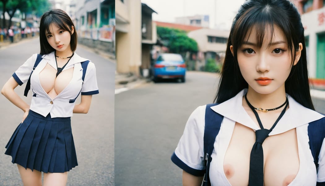 Tags: 21872187, SDXL
{"3": {"inputs": {"seed": 255372251628977, "steps": 32, "cfg": 5.57, "sampler_name": "dpmpp_2m", "scheduler": "karras", "denoise": 1.0, "model": ["27", 0], "positive": ["6", 0], "negative": ["7", 0], "latent_image": ["5", 0]}, "class_type": "KSampler"}, "4": {"inputs": {"ckpt_name": "helloworldxl.safetensors"}, "class_type": "CheckpointLoaderSimple"}, "5": {"inputs": {"width": 1344, "height": 768, "batch_size": 1}, "class_type": "EmptyLatentImage"}, "6": {"inputs": {"text": "28 year old girl, (taiwanese:0.98), (eyelashes:0.99), (temptress:1.11), (sexy lips:0.97), (blush:0.99), (slim:1.10), (cute:1.14), (idol:1.01), (seductive pose:1.02), (detailed face:1.11), (beautiful eyes:0.95), (pale skin:1.11), (seductive facial expression:0.96), (double eyelids:1.12), (in a seductive pose:1.04), (large perky breasts:1.14), (cleavage:1.03), (thigh gap:0.96), (school uniform:1.12), choker, busy street, (textured skin:1.04), (RAW:1.02), (portra:1.02), (film:1.02), (candid cinema:1.07), (soft lighting:1.01), (skin fuzz:1.04), (natural looking skin:1.05), (detailed skin:1.00)", "clip": ["27", 1]}, "class_type": "CLIPTextEncode"}, "7": {"inputs": {"text": "(open mouth:1.09), (worst quality:1.12), (low resolution:1.06), (bad hands:1.07), (watermark:1.12), (distorted:1.09), (twisted:1.11)", "clip": ["27", 1]}, "class_type": "CLIPTextEncode"}, "8": {"inputs": {"samples": ["3", 0], "vae": ["4", 2]}, "class_type": "VAEDecode"}, "25": {"inputs": {"lora_name": "nudify_xl.safetensors", "strength_model": 0.03, "strength_clip": 0.27, "model": ["4", 0], "clip": ["4", 1]}, "class_type": "LoraLoader"}, "26": {"inputs": {"lora_name": "shirtlift_SDXL_v2.safetensors", "strength_model": 0.06, "strength_clip": 0.07, "model": ["25", 0], "clip": ["25", 1]}, "class_type": "LoraLoader"}, "27": {"inputs": {"lora_name": "PerfectEyesXL.safetensors", "strength_model": 0.14, "strength_clip": 0.16, "model": ["26", 0], "clip": ["26", 1]}, "class_type": "LoraLoader"}, "30": {"inputs": {"model_name": "4x_NMKD-Superscale-SP_178000_G.pth"}, "class_type": "UpscaleModelLoader"}, "31": {"inputs": {"upscale_model": ["30", 0], "image": ["8", 0]}, "class_type": "ImageUpscaleWithModel"}, "32": {"inputs": {"upscale_method": "lanczos", "scale_by": 0.5, "image": ["31", 0]}, "class_type": "ImageScaleBy"}, "33": {"inputs": {"pixels": ["32", 0], "vae": ["4", 2]}, "class_type": "VAEEncode"}, "34": {"inputs": {"seed": 255372251628977, "steps": 32, "cfg": 5.57, "sampler_name": "dpmpp_2m", "scheduler": "karras", "denoise": 0.3, "model": ["27", 0], "positive": ["6", 0], "negative": ["7", 0], "latent_image": ["33", 0]}, "class_type": "KSampler"}, "36": {"inputs": {"samples": ["34", 0], "vae": ["4", 2]}, "class_type": "VAEDecode"}, "39": {"inputs": {"filename_prefix": "comfyapi-1715863844542", "images": ["36", 0]}, "class_type": "SaveImage"}}