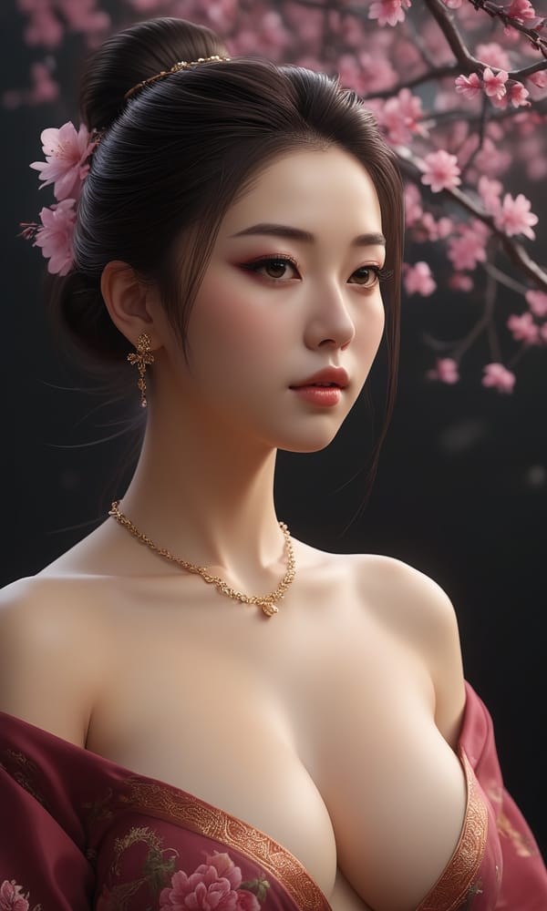 Tags: undefined
(cleavage nipple bare breasts nude topless:1.9) , masterpieces, best quality, extreme detailed CG unity 8k wallpaper, 1girl, beautiful, realistic,  long hair, plum blossom, jewelry, ear rings, hair bun, Chinese clothes, headpiece, ultra detailed skin texture, ultra detailed hair, blurry background, depth of field, (branch:1.2), gloom, golden ratio, off shoulder, very aesthetic, absurdres, glowing, sparks, chromatic aberration, fusion of rainbow with woman, artwork, side view, bare shoulders, fantasy art style, The dark atmosphere, the contrast between light and dark, Dark background, dark atmosphere, illumination, 
Negative prompt: lowres, text, error, cropped, worst quality, low quality, jpeg artifacts, ugly, duplicate, morbid, mutilated, out of frame, extra fingers, mutated hands, poorly drawn hands, poorly drawn face, mutation, deformed, blurry, dehydrated, bad anatomy, bad proportions, extra limbs, cloned face, disfigured, gross proportions, malformed limbs, missing arms, missing legs, extra arms, extra legs, fused fingers, too many fingers, long neck, username, watermark, signature, 
Steps: 8, Sampler: Euler a, CFG scale: 1.5, Seed: 754251457, Size: 768x1280, Model hash: c8df560d29, Model: juggernautXL_v9Rdphoto2Lightning, Denoising strength: 0.25, Hires upscale: 1.25, Hires steps: 4, Hires upscaler: R-ESRGAN 4x+, Version: v1.8.0