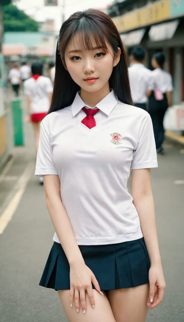 Tags: 21872187, SDXL
{"3": {"inputs": {"seed": 487305303749623, "steps": 32, "cfg": 6.49, "sampler_name": "dpmpp_2m", "scheduler": "karras", "denoise": 1.0, "model": ["27", 0], "positive": ["6", 0], "negative": ["7", 0], "latent_image": ["5", 0]}, "class_type": "KSampler"}, "4": {"inputs": {"ckpt_name": "juggernautxl.safetensors"}, "class_type": "CheckpointLoaderSimple"}, "5": {"inputs": {"width": 768, "height": 1344, "batch_size": 1}, "class_type": "EmptyLatentImage"}, "6": {"inputs": {"text": "21 year old girl, (taiwanese:1.03), (cute:1.00), (temptress:1.02), (seductive pose:1.11), (seductive facial expression:1.02), (blush:1.06), (pale skin:1.11), (idol:1.12), (sexy lips:1.02), (beautiful eyes:0.97), (slim:0.97), (eyelashes:0.97), (perky ass:0.97), (exposed ass:1.13), (looking back:1.14), (sexy ass:1.02), (thigh gap:1.00), (school uniform:1.05), choker, busy street, (detailed skin:1.08), (skin fuzz:1.02), (candid cinema:1.08), (RAW:1.03), (film:1.03), (textured skin:1.03), (natural looking skin:1.08), (soft lighting:1.07), (portra:1.09)", "clip": ["27", 1]}, "class_type": "CLIPTextEncode"}, "7": {"inputs": {"text": "(low resolution:1.06), (watermark:1.09), (distorted:1.14), (open mouth:1.09), (bad hands:1.10), (worst quality:1.14)", "clip": ["27", 1]}, "class_type": "CLIPTextEncode"}, "8": {"inputs": {"samples": ["3", 0], "vae": ["4", 2]}, "class_type": "VAEDecode"}, "25": {"inputs": {"lora_name": "nudify_xl.safetensors", "strength_model": 0.18, "strength_clip": 0.26, "model": ["4", 0], "clip": ["4", 1]}, "class_type": "LoraLoader"}, "26": {"inputs": {"lora_name": "shirtlift_SDXL_v2.safetensors", "strength_model": 0.03, "strength_clip": 0.03, "model": ["25", 0], "clip": ["25", 1]}, "class_type": "LoraLoader"}, "27": {"inputs": {"lora_name": "PerfectEyesXL.safetensors", "strength_model": 0.0, "strength_clip": 0.0, "model": ["26", 0], "clip": ["26", 1]}, "class_type": "LoraLoader"}, "30": {"inputs": {"model_name": "4x_NMKD-Superscale-SP_178000_G.pth"}, "class_type": "UpscaleModelLoader"}, "31": {"inputs": {"upscale_model": ["30", 0], "image": ["8", 0]}, "class_type": "ImageUpscaleWithModel"}, "32": {"inputs": {"upscale_method": "lanczos", "scale_by": 0.5, "image": ["31", 0]}, "class_type": "ImageScaleBy"}, "33": {"inputs": {"pixels": ["32", 0], "vae": ["4", 2]}, "class_type": "VAEEncode"}, "34": {"inputs": {"seed": 487305303749623, "steps": 32, "cfg": 6.49, "sampler_name": "dpmpp_2m", "scheduler": "karras", "denoise": 0.3, "model": ["27", 0], "positive": ["6", 0], "negative": ["7", 0], "latent_image": ["33", 0]}, "class_type": "KSampler"}, "36": {"inputs": {"samples": ["34", 0], "vae": ["4", 2]}, "class_type": "VAEDecode"}, "39": {"inputs": {"filename_prefix": "comfyapi-1734491198674", "images": ["36", 0]}, "class_type": "SaveImage"}}