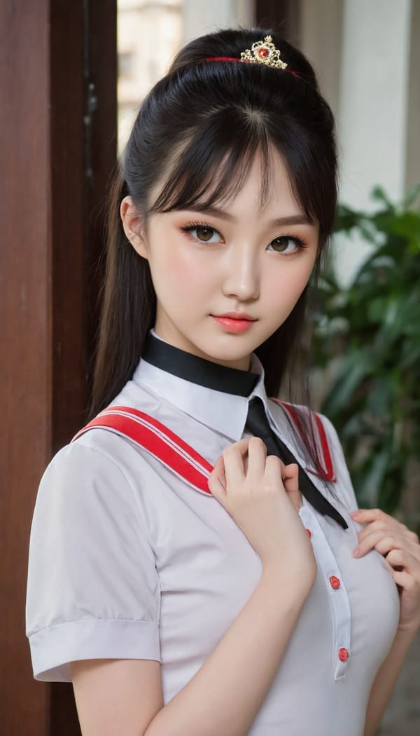 Tags: 21872187, SDXL
{"3": {"inputs": {"seed": 564802965564812, "steps": 32, "cfg": 5.14, "sampler_name": "dpmpp_2m", "scheduler": "karras", "denoise": 1.0, "model": ["27", 0], "positive": ["6", 0], "negative": ["7", 0], "latent_image": ["5", 0]}, "class_type": "KSampler"}, "4": {"inputs": {"ckpt_name": "juggernautXL_v8Rundiffusion.safetensors"}, "class_type": "CheckpointLoaderSimple"}, "5": {"inputs": {"width": 768, "height": 1344, "batch_size": 1}, "class_type": "EmptyLatentImage"}, "6": {"inputs": {"text": "20 year old girl, (ukrainian:1.09), (chinese:1.00), (temptress:0.97), (cute:1.00), (eyelashes:1.04), (sexy lips:0.96), (detailed face:1.10), (seductive pose:1.13), (beautiful eyes:1.02), (pale skin:1.09), (blush:0.96), (idol:0.99), (seductive facial expression:1.01), (slim:1.06), (in a seductive pose:0.98), (large perky breasts:0.99), (cleavage:1.01), (thigh gap:1.00), (school uniform:1.14), choker, busy street, (skin fuzz:1.03), (soft lighting:1.02), (textured skin:1.08), (RAW:1.09), (candid cinema:1.06), (natural looking skin:1.00), (detailed skin:1.02), (portra:1.09), (film:1.00)", "clip": ["27", 1]}, "class_type": "CLIPTextEncode"}, "7": {"inputs": {"text": "(bad hands:1.06), (twisted:1.13), (distorted:1.08), (worst quality:1.07), (low resolution:1.05), (open mouth:1.07), (watermark:1.10)", "clip": ["27", 1]}, "class_type": "CLIPTextEncode"}, "8": {"inputs": {"samples": ["3", 0], "vae": ["4", 2]}, "class_type": "VAEDecode"}, "25": {"inputs": {"lora_name": "nudify_xl.safetensors", "strength_model": 0.0, "strength_clip": 0.19, "model": ["4", 0], "clip": ["4", 1]}, "class_type": "LoraLoader"}, "26": {"inputs": {"lora_name": "shirtlift_SDXL_v2.safetensors", "strength_model": 0.1, "strength_clip": 0.18, "model": ["25", 0], "clip": ["25", 1]}, "class_type": "LoraLoader"}, "27": {"inputs": {"lora_name": "PerfectEyesXL.safetensors", "strength_model": 0.1, "strength_clip": 0.13, "model": ["26", 0], "clip": ["26", 1]}, "class_type": "LoraLoader"}, "30": {"inputs": {"model_name": "4x_NMKD-Superscale-SP_178000_G.pth"}, "class_type": "UpscaleModelLoader"}, "31": {"inputs": {"upscale_model": ["30", 0], "image": ["8", 0]}, "class_type": "ImageUpscaleWithModel"}, "32": {"inputs": {"upscale_method": "lanczos", "scale_by": 0.5, "image": ["31", 0]}, "class_type": "ImageScaleBy"}, "33": {"inputs": {"pixels": ["32", 0], "vae": ["4", 2]}, "class_type": "VAEEncode"}, "34": {"inputs": {"seed": 564802965564812, "steps": 32, "cfg": 5.14, "sampler_name": "dpmpp_2m", "scheduler": "karras", "denoise": 0.3, "model": ["27", 0], "positive": ["6", 0], "negative": ["7", 0], "latent_image": ["33", 0]}, "class_type": "KSampler"}, "36": {"inputs": {"samples": ["34", 0], "vae": ["4", 2]}, "class_type": "VAEDecode"}, "39": {"inputs": {"filename_prefix": "comfyapi-1707696324100", "images": ["36", 0]}, "class_type": "SaveImage"}}