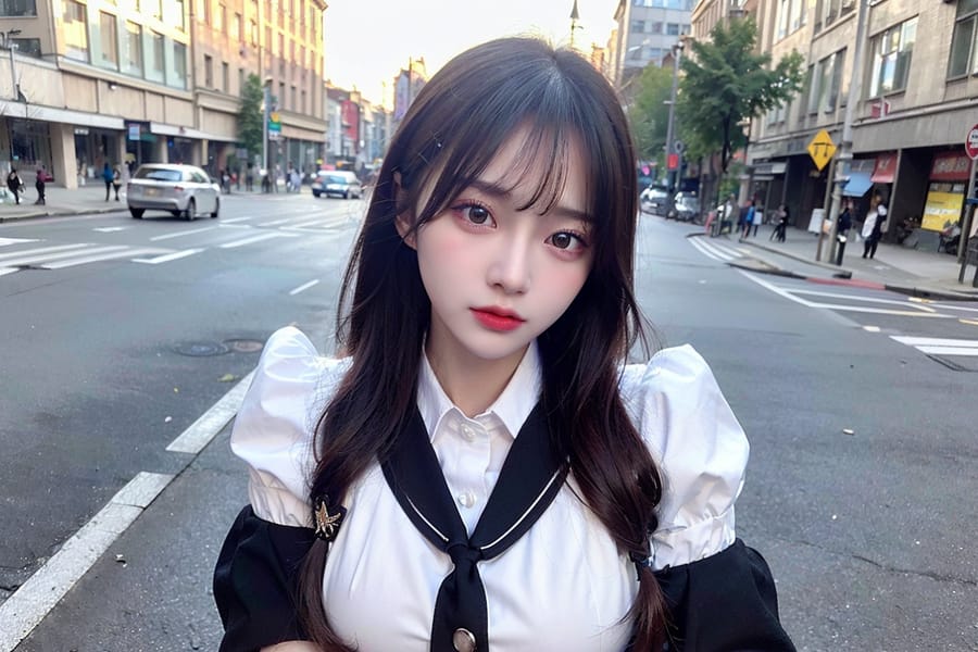 Tags: 21872187
(russian:0.99), (ukrainian:1.06), (school uniform:1.05), (large breasts:0.99), choker, busy street in urban city, <lora:skirtlift-v4:0.98 <lora:Addams:0.34>, extremely detailed eyes, extremely detailed face, cute, (photorealistic:1.00), sexy lips, double eyelids, eyelashes, pale skin, textured skin, 4K, best quality, sharp, hyper realistic, (long slim legs:0.91), (dramatic:0.94)
Negative prompt: paintings, anime, ugly, fat, (worst quality:1.99)
Steps: 32, Sampler: DPM++ 2M Karras, CFG scale: 6.88, Seed: 4146098031, Size: 768x512, Model hash: fc2511737a, Model: chilloutmix_NiPrunedFp32Fix, Seed resize from: -1x-1, Denoising strength: 0.4, Version: v1.2.1, Hires upscale: 2.0, Hires steps: 16, Hires upscaler: ESRGAN_4x
