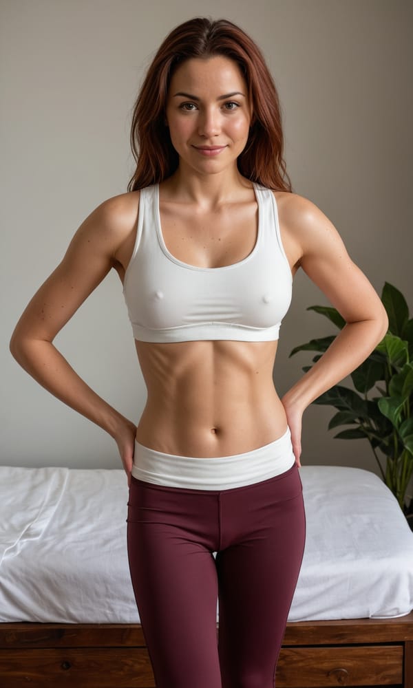 Tags: undefined
(front view full body medium shot of 1girl standing beside a massage table with her arms behind her back she is of Spanish descent and has Almond skin with deep burgundy hair,
(tight grey yoga pants thigh gap:1.1), (cameltoe:1.4), massage table with a tucked white sheet,
(thin white cotton sports bra with aroused nipples pokies:1.4),  shoulders back,
small table in the corner with a candle on it on it, house plant, massage oil, eye contact, confident,
detached flash, dark shadows, dim background, dark, chiaroscuro, low-key, dim atmospheric ambient lighting
athletic, petite, attractive, perfect ass, cleavage, elegant, beautiful, freckles, realistic, beautiful eyes, (smile:1.3),
<lora:skin_4:0.3>,
Negative prompt: pubic hair, bad quality, blurry, ugly, watermark, logo, signature, (hand, hands:1.9)

Steps: 16, Sampler: Euler a, CFG scale: 2, Seed: 555555559, Size: 768x1280, Model hash: c8df560d29, Model: juggernautXL_v9Rdphoto2Lightning, Denoising strength: 0.5, Wildcard prompt: "(front view full body medium shot of 1girl standing beside a massage table with her arms behind her back she is of __nationality__ descent and has __skin_tone__ skin with __hair_color__ hair,\n(tight grey yoga pants thigh gap:1.1), (cameltoe:1.4), massage table with a tucked white sheet,\n(thin white cotton sports bra with aroused nipples pokies:1.4),  shoulders back,\nsmall table in the corner with a candle on it on it, house plant, massage oil, eye contact, confident,\ndetached flash, dark shadows, dim background, dark, chiaroscuro, low-key, dim atmospheric ambient lighting\nathletic, petite, attractive, perfect ass, cleavage, elegant, beautiful, freckles, realistic, beautiful eyes, (smile:1.3),\n<lora:skin_4:0.3>,", Hires upscale: 1.5, Hires upscaler: R-ESRGAN 4x+, Lora hashes: "skin_4: 0fa3db041a60", Pad conds: True, Version: v1.8.0