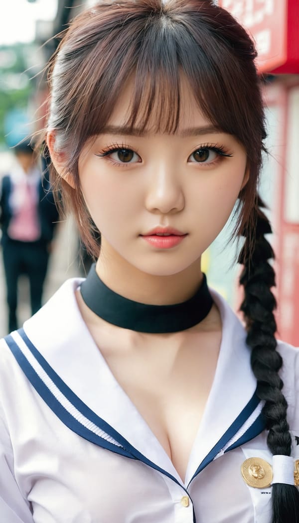 Tags: 21872187, SDXL
{"3": {"inputs": {"seed": 947942922609141, "steps": 32, "cfg": 7.97, "sampler_name": "dpmpp_2m", "scheduler": "karras", "denoise": 1.0, "model": ["27", 0], "positive": ["6", 0], "negative": ["7", 0], "latent_image": ["5", 0]}, "class_type": "KSampler"}, "4": {"inputs": {"ckpt_name": "juggernautxl.safetensors"}, "class_type": "CheckpointLoaderSimple"}, "5": {"inputs": {"width": 768, "height": 1344, "batch_size": 1}, "class_type": "EmptyLatentImage"}, "6": {"inputs": {"text": "19 year old girl, (korean:1.03), (eyelashes:0.97), (idol:1.04), (cute:1.00), (seductive facial expression:1.08), (sexy lips:1.10), (blush:0.95), (temptress:1.10), (seductive pose:1.08), (double eyelids:1.05), (slim:1.02), (beautiful eyes:1.01), (detailed face:0.99), (pale skin:1.07), (in a seductive pose:1.12), (large perky breasts:0.97), (cleavage:1.10), (thigh gap:1.01), (school uniform:1.02), choker, busy street, (portra:1.07), (skin fuzz:1.09), (soft lighting:1.00), (detailed skin:1.05), (candid cinema:1.07), (textured skin:1.07), (natural looking skin:1.05), (RAW:1.01), (film:1.07)", "clip": ["27", 1]}, "class_type": "CLIPTextEncode"}, "7": {"inputs": {"text": "(worst quality:1.08), (distorted:1.08), (open mouth:1.10), (twisted:1.07), (watermark:1.13), (low resolution:1.10)", "clip": ["27", 1]}, "class_type": "CLIPTextEncode"}, "8": {"inputs": {"samples": ["3", 0], "vae": ["4", 2]}, "class_type": "VAEDecode"}, "25": {"inputs": {"lora_name": "nudify_xl.safetensors", "strength_model": 0.3, "strength_clip": 0.3, "model": ["4", 0], "clip": ["4", 1]}, "class_type": "LoraLoader"}, "26": {"inputs": {"lora_name": "shirtlift_SDXL_v2.safetensors", "strength_model": 0.06, "strength_clip": 0.17, "model": ["25", 0], "clip": ["25", 1]}, "class_type": "LoraLoader"}, "27": {"inputs": {"lora_name": "PerfectEyesXL.safetensors", "strength_model": 0.02, "strength_clip": 0.13, "model": ["26", 0], "clip": ["26", 1]}, "class_type": "LoraLoader"}, "30": {"inputs": {"model_name": "4x_NMKD-Superscale-SP_178000_G.pth"}, "class_type": "UpscaleModelLoader"}, "31": {"inputs": {"upscale_model": ["30", 0], "image": ["8", 0]}, "class_type": "ImageUpscaleWithModel"}, "32": {"inputs": {"upscale_method": "lanczos", "scale_by": 0.5, "image": ["31", 0]}, "class_type": "ImageScaleBy"}, "33": {"inputs": {"pixels": ["32", 0], "vae": ["4", 2]}, "class_type": "VAEEncode"}, "34": {"inputs": {"seed": 947942922609141, "steps": 32, "cfg": 7.97, "sampler_name": "dpmpp_2m", "scheduler": "karras", "denoise": 0.3, "model": ["27", 0], "positive": ["6", 0], "negative": ["7", 0], "latent_image": ["33", 0]}, "class_type": "KSampler"}, "36": {"inputs": {"samples": ["34", 0], "vae": ["4", 2]}, "class_type": "VAEDecode"}, "39": {"inputs": {"filename_prefix": "comfyapi-1713632424038", "images": ["36", 0]}, "class_type": "SaveImage"}}