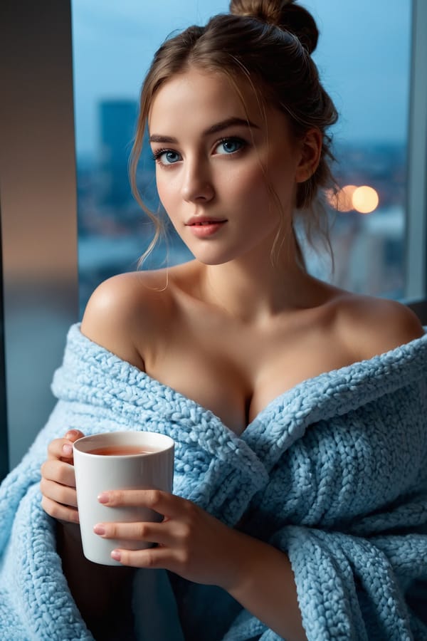 Tags: undefined
professional very close-up picture of a beautiful girl sits by the window wrapped in a warm blanket, (bare shoulders:1.8), (cleavage:1.7), should holding a designed cup of tea, steam, detailed natural skin and blemishes, sapphire eyes, without makeup, ponytails, looking out the window, night city lights, close-up, face focus, looking away, 35mm photograph, professional, 4k, highly detailed, (freckles:0.3), (2b:0.1)
Negative prompt: drawing, painting, crayon, sketch, graphite, impressionist, noisy, blurry, soft, deformed, ugly
Steps: 40, Sampler: DPM++ 2M, CFG scale: 7, Seed: 1423348286, Size: 768x1152, Model hash: aeb7e9e689, Model: juggernautXL_v8Rundiffusion, Denoising strength: 0.35, Hires upscale: 1.75, Hires steps: 20, Hires upscaler: R-ESRGAN 4x+, Version: v1.7.0