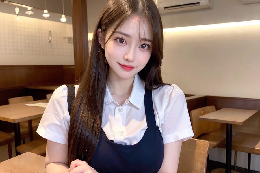 Tags: 21872187
<lora:mix4:0.68>, <lora:JapaneseDollLikeness_v15:0.35>, (waitress wearing uniform:1.07), restaurant, <lora:skirtlift-v4:0.90 <lora:Addams:0.34>, extremely detailed eyes, extremely detailed face, cute, (photorealistic:1.11), sexy lips, seductive smile, double eyelids, eyelashes, pale skin, perky breasts, full body portrait, best quality, hyper realistic, (thigh gap:0.91), blush, delicate and beautiful girl, solo, (stunningly attractive:0.96)
Negative prompt: sketches, anime, black and white, ugly, disfigured, (worst quality:1.96)
Steps: 32, Sampler: DPM++ 2M Karras, CFG scale: 5.67, Seed: 1124780898, Size: 768x512, Model hash: fc2511737a, Model: chilloutmix_NiPrunedFp32Fix, Seed resize from: -1x-1, Denoising strength: 0.4, Version: v1.2.1, Hires upscale: 2.0, Hires steps: 64, Hires upscaler: ESRGAN_4x