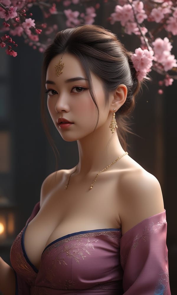 Tags: undefined
(cleavage nipple bare breasts nude topless:1.9) , masterpieces, best quality, extreme detailed CG unity 8k wallpaper, 1girl, beautiful, realistic,  long hair, plum blossom, jewelry, ear rings, hair bun, Chinese clothes, headpiece, ultra detailed skin texture, ultra detailed hair, blurry background, depth of field, (branch:1.2), gloom, golden ratio, off shoulder, very aesthetic, absurdres, glowing, sparks, chromatic aberration, fusion of rainbow with woman, artwork, side view, bare shoulders, fantasy art style, The dark atmosphere, the contrast between light and dark, Dark background, dark atmosphere, illumination, 
Negative prompt: lowres, text, error, cropped, worst quality, low quality, jpeg artifacts, ugly, duplicate, morbid, mutilated, out of frame, extra fingers, mutated hands, poorly drawn hands, poorly drawn face, mutation, deformed, blurry, dehydrated, bad anatomy, bad proportions, extra limbs, cloned face, disfigured, gross proportions, malformed limbs, missing arms, missing legs, extra arms, extra legs, fused fingers, too many fingers, long neck, username, watermark, signature, 
Steps: 8, Sampler: Euler a, CFG scale: 1.5, Seed: 754251454, Size: 768x1280, Model hash: c8df560d29, Model: juggernautXL_v9Rdphoto2Lightning, Denoising strength: 0.25, Hires upscale: 1.25, Hires steps: 4, Hires upscaler: R-ESRGAN 4x+, Version: v1.8.0