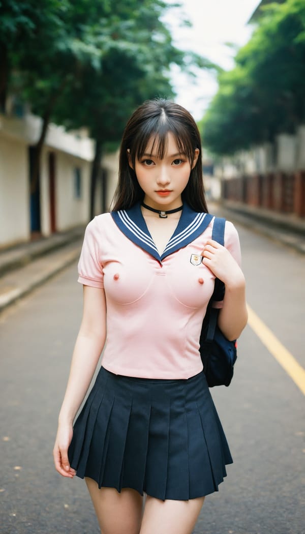 Tags: 21872187, SDXL
{"3": {"inputs": {"seed": 563983327617983, "steps": 32, "cfg": 5.94, "sampler_name": "dpmpp_2m", "scheduler": "karras", "denoise": 1.0, "model": ["27", 0], "positive": ["6", 0], "negative": ["7", 0], "latent_image": ["5", 0]}, "class_type": "KSampler"}, "4": {"inputs": {"ckpt_name": "helloworldxl.safetensors"}, "class_type": "CheckpointLoaderSimple"}, "5": {"inputs": {"width": 768, "height": 1344, "batch_size": 1}, "class_type": "EmptyLatentImage"}, "6": {"inputs": {"text": "20 year old girl, (double eyelids:1.09), (seductive facial expression:0.97), (blush:1.04), (eyelashes:1.10), (idol:1.13), (sexy lips:1.06), (seductive pose:1.09), (pale skin:1.10), (temptress:0.99), (cute:1.08), (beautiful eyes:1.03), (in a seductive pose:1.08), (large perky breasts:1.03), (cleavage:1.12), (thigh gap:1.09), (school uniform:1.13), choker, busy street, (soft lighting:1.05), (natural looking skin:1.05), (portra:1.04), (textured skin:1.01), (candid cinema:1.05), (RAW:1.08), (skin fuzz:1.04), (detailed skin:1.02), (film:1.05)", "clip": ["27", 1]}, "class_type": "CLIPTextEncode"}, "7": {"inputs": {"text": "(low resolution:1.05), (distorted:1.08), (watermark:1.11), (twisted:1.14), (worst quality:1.10), (bad hands:1.08), (open mouth:1.14)", "clip": ["27", 1]}, "class_type": "CLIPTextEncode"}, "8": {"inputs": {"samples": ["3", 0], "vae": ["4", 2]}, "class_type": "VAEDecode"}, "25": {"inputs": {"lora_name": "nudify_xl.safetensors", "strength_model": 0.33, "strength_clip": 0.06, "model": ["4", 0], "clip": ["4", 1]}, "class_type": "LoraLoader"}, "26": {"inputs": {"lora_name": "shirtlift_SDXL_v2.safetensors", "strength_model": 0.06, "strength_clip": 0.17, "model": ["25", 0], "clip": ["25", 1]}, "class_type": "LoraLoader"}, "27": {"inputs": {"lora_name": "PerfectEyesXL.safetensors", "strength_model": 0.19, "strength_clip": 0.12, "model": ["26", 0], "clip": ["26", 1]}, "class_type": "LoraLoader"}, "30": {"inputs": {"model_name": "4x_NMKD-Superscale-SP_178000_G.pth"}, "class_type": "UpscaleModelLoader"}, "31": {"inputs": {"upscale_model": ["30", 0], "image": ["8", 0]}, "class_type": "ImageUpscaleWithModel"}, "32": {"inputs": {"upscale_method": "lanczos", "scale_by": 0.5, "image": ["31", 0]}, "class_type": "ImageScaleBy"}, "33": {"inputs": {"pixels": ["32", 0], "vae": ["4", 2]}, "class_type": "VAEEncode"}, "34": {"inputs": {"seed": 563983327617983, "steps": 32, "cfg": 5.94, "sampler_name": "dpmpp_2m", "scheduler": "karras", "denoise": 0.3, "model": ["27", 0], "positive": ["6", 0], "negative": ["7", 0], "latent_image": ["33", 0]}, "class_type": "KSampler"}, "36": {"inputs": {"samples": ["34", 0], "vae": ["4", 2]}, "class_type": "VAEDecode"}, "39": {"inputs": {"filename_prefix": "comfyapi-1713573254406", "images": ["36", 0]}, "class_type": "SaveImage"}}