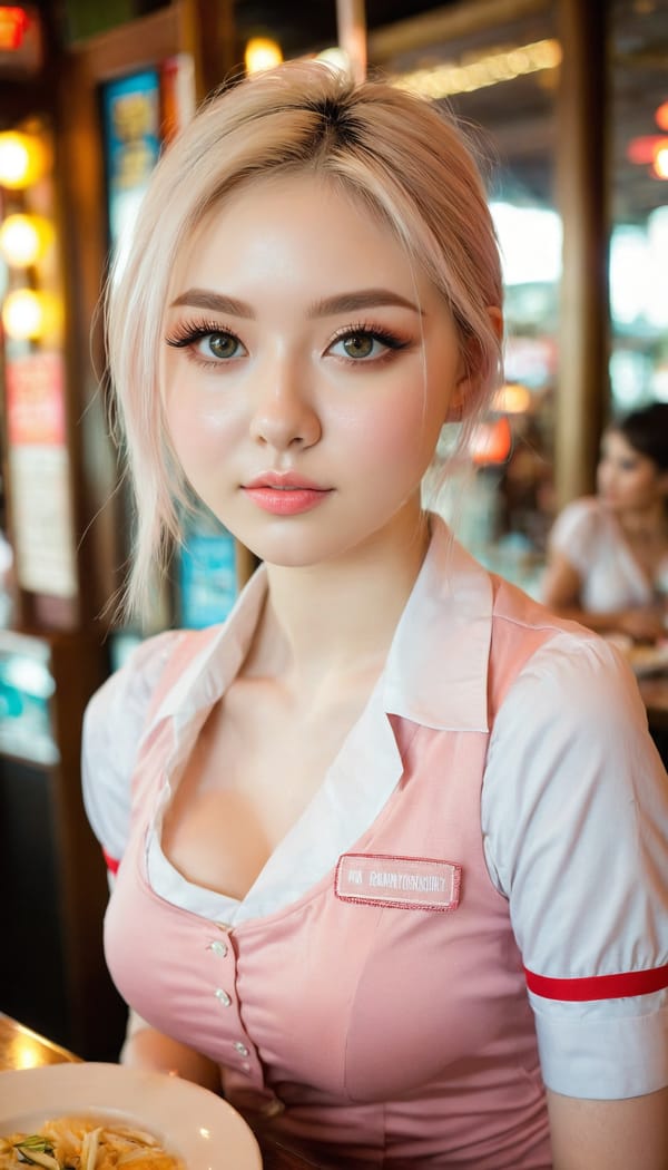 Tags: 21872187, SDXL
{"3": {"inputs": {"seed": 770927788731936, "steps": 32, "cfg": 6.53, "sampler_name": "dpmpp_2m", "scheduler": "karras", "denoise": 1.0, "model": ["27", 0], "positive": ["6", 0], "negative": ["7", 0], "latent_image": ["5", 0]}, "class_type": "KSampler"}, "4": {"inputs": {"ckpt_name": "juggernautxl.safetensors"}, "class_type": "CheckpointLoaderSimple"}, "5": {"inputs": {"width": 768, "height": 1344, "batch_size": 1}, "class_type": "EmptyLatentImage"}, "6": {"inputs": {"text": "21 year old girl, (beautiful eyes:1.14), (seductive facial expression:1.09), (blush:1.05), (idol:1.11), (sexy lips:1.03), (detailed face:1.01), (pale skin:1.01), (seductive pose:1.07), (double eyelids:0.96), (cute:1.09), (slim:0.99), (temptress:0.99), (eyelashes:1.12), (in a seductive pose:0.99), (large perky breasts:0.99), (cleavage:0.98), (thigh gap:1.02), (a waitress in uniform:1.09) working at a restaurant, (skin fuzz:1.00), (soft lighting:1.06), (film:1.01), (candid cinema:1.00), (RAW:1.08), (detailed skin:1.02), (portra:1.01), (natural looking skin:1.09), (textured skin:1.06)", "clip": ["27", 1]}, "class_type": "CLIPTextEncode"}, "7": {"inputs": {"text": "(twisted:1.07), (watermark:1.10), (worst quality:1.12), (low resolution:1.08), (distorted:1.09), (open mouth:1.05), (bad hands:1.06)", "clip": ["27", 1]}, "class_type": "CLIPTextEncode"}, "8": {"inputs": {"samples": ["3", 0], "vae": ["4", 2]}, "class_type": "VAEDecode"}, "25": {"inputs": {"lora_name": "nudify_xl.safetensors", "strength_model": 0.29, "strength_clip": 0.37, "model": ["4", 0], "clip": ["4", 1]}, "class_type": "LoraLoader"}, "26": {"inputs": {"lora_name": "shirtlift_SDXL_v2.safetensors", "strength_model": 0.12, "strength_clip": 0.11, "model": ["25", 0], "clip": ["25", 1]}, "class_type": "LoraLoader"}, "27": {"inputs": {"lora_name": "PerfectEyesXL.safetensors", "strength_model": 0.12, "strength_clip": 0.17, "model": ["26", 0], "clip": ["26", 1]}, "class_type": "LoraLoader"}, "30": {"inputs": {"model_name": "4x_NMKD-Superscale-SP_178000_G.pth"}, "class_type": "UpscaleModelLoader"}, "31": {"inputs": {"upscale_model": ["30", 0], "image": ["8", 0]}, "class_type": "ImageUpscaleWithModel"}, "32": {"inputs": {"upscale_method": "lanczos", "scale_by": 0.5, "image": ["31", 0]}, "class_type": "ImageScaleBy"}, "33": {"inputs": {"pixels": ["32", 0], "vae": ["4", 2]}, "class_type": "VAEEncode"}, "34": {"inputs": {"seed": 770927788731936, "steps": 32, "cfg": 6.53, "sampler_name": "dpmpp_2m", "scheduler": "karras", "denoise": 0.3, "model": ["27", 0], "positive": ["6", 0], "negative": ["7", 0], "latent_image": ["33", 0]}, "class_type": "KSampler"}, "36": {"inputs": {"samples": ["34", 0], "vae": ["4", 2]}, "class_type": "VAEDecode"}, "39": {"inputs": {"filename_prefix": "comfyapi-1718407635939", "images": ["36", 0]}, "class_type": "SaveImage"}}