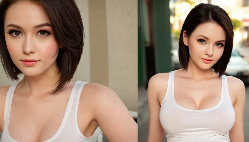 Tags: 21872187, SDXL
{"3": {"inputs": {"seed": 897545848762900, "steps": 32, "cfg": 5.9, "sampler_name": "dpmpp_2m", "scheduler": "karras", "denoise": 1.0, "model": ["27", 0], "positive": ["6", 0], "negative": ["7", 0], "latent_image": ["5", 0]}, "class_type": "KSampler"}, "4": {"inputs": {"ckpt_name": "juggernautXL_v8Rundiffusion.safetensors"}, "class_type": "CheckpointLoaderSimple"}, "5": {"inputs": {"width": 1344, "height": 768, "batch_size": 1}, "class_type": "EmptyLatentImage"}, "6": {"inputs": {"text": "27 year old girl, (sexy lips:1.05), (blush:1.02), (idol:0.98), (temptress:1.06), (slim:1.14), (beautiful eyes:0.97), (eyelashes:1.06), (cute:1.14), (seductive pose:1.04), (detailed face:1.13), (pale skin:1.04), (seductive facial expression:0.99), (in a seductive pose:1.08), (large perky breasts:1.01), (cleavage:1.05), (thigh gap:0.96), (white tanktop:1.12), busy street, (textured skin:1.01), (soft lighting:1.09), (detailed skin:1.08), (RAW:1.05), (film:1.09), (skin fuzz:1.06), (candid cinema:1.06), (natural looking skin:1.05)", "clip": ["27", 1]}, "class_type": "CLIPTextEncode"}, "7": {"inputs": {"text": "(bad hands:1.05), (open mouth:1.13), (low resolution:1.07), (distorted:1.13), (worst quality:1.11), (watermark:1.05), (twisted:1.14)", "clip": ["27", 1]}, "class_type": "CLIPTextEncode"}, "8": {"inputs": {"samples": ["3", 0], "vae": ["4", 2]}, "class_type": "VAEDecode"}, "25": {"inputs": {"lora_name": "nudify_xl.safetensors", "strength_model": 0.17, "strength_clip": 0.08, "model": ["4", 0], "clip": ["4", 1]}, "class_type": "LoraLoader"}, "26": {"inputs": {"lora_name": "shirtlift_SDXL_v2.safetensors", "strength_model": 0.04, "strength_clip": 0.1, "model": ["25", 0], "clip": ["25", 1]}, "class_type": "LoraLoader"}, "27": {"inputs": {"lora_name": "PerfectEyesXL.safetensors", "strength_model": 0.04, "strength_clip": 0.17, "model": ["26", 0], "clip": ["26", 1]}, "class_type": "LoraLoader"}, "30": {"inputs": {"model_name": "4x_NMKD-Superscale-SP_178000_G.pth"}, "class_type": "UpscaleModelLoader"}, "31": {"inputs": {"upscale_model": ["30", 0], "image": ["8", 0]}, "class_type": "ImageUpscaleWithModel"}, "32": {"inputs": {"upscale_method": "lanczos", "scale_by": 0.5, "image": ["31", 0]}, "class_type": "ImageScaleBy"}, "33": {"inputs": {"pixels": ["32", 0], "vae": ["4", 2]}, "class_type": "VAEEncode"}, "34": {"inputs": {"seed": 897545848762900, "steps": 32, "cfg": 5.9, "sampler_name": "dpmpp_2m", "scheduler": "karras", "denoise": 0.3, "model": ["27", 0], "positive": ["6", 0], "negative": ["7", 0], "latent_image": ["33", 0]}, "class_type": "KSampler"}, "36": {"inputs": {"samples": ["34", 0], "vae": ["4", 2]}, "class_type": "VAEDecode"}, "39": {"inputs": {"filename_prefix": "comfyapi-1708100475254", "images": ["36", 0]}, "class_type": "SaveImage"}}