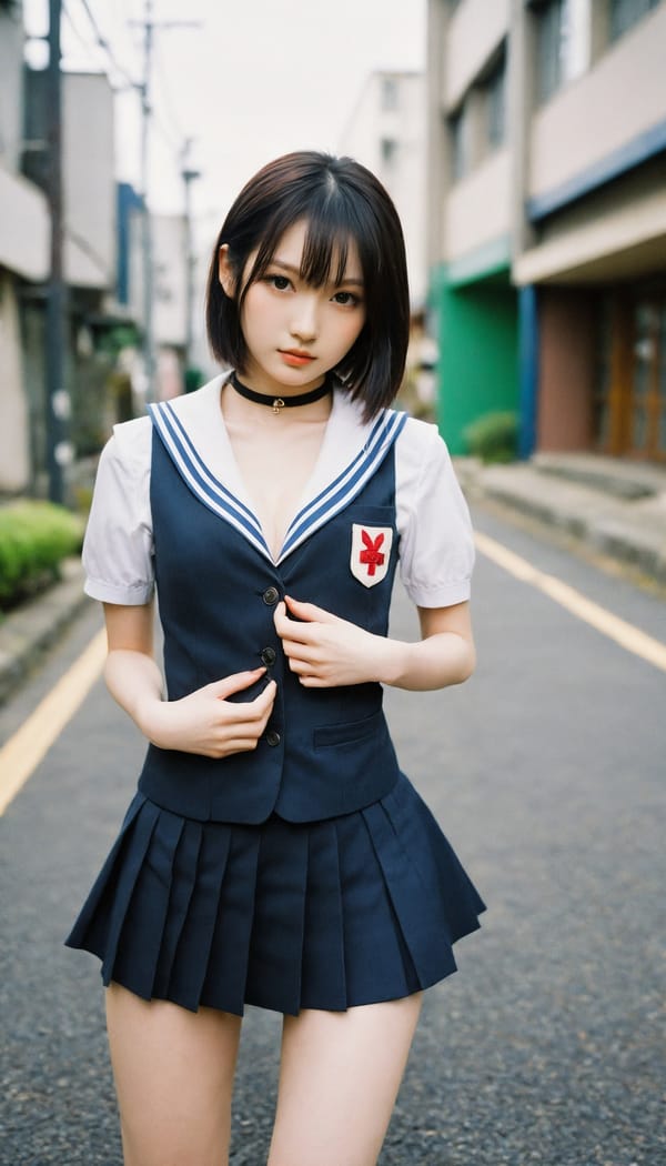 Tags: 21872187, SDXL
{"3": {"inputs": {"seed": 799735781512819, "steps": 32, "cfg": 6.26, "sampler_name": "dpmpp_2m", "scheduler": "karras", "denoise": 1.0, "model": ["27", 0], "positive": ["6", 0], "negative": ["7", 0], "latent_image": ["5", 0]}, "class_type": "KSampler"}, "4": {"inputs": {"ckpt_name": "helloworldxl.safetensors"}, "class_type": "CheckpointLoaderSimple"}, "5": {"inputs": {"width": 768, "height": 1344, "batch_size": 1}, "class_type": "EmptyLatentImage"}, "6": {"inputs": {"text": "22 year old girl, (japanese:1.09), (seductive facial expression:1.03), (double eyelids:0.97), (temptress:1.02), (blush:1.14), (sexy lips:0.97), (cute:0.95), (eyelashes:1.02), (detailed face:1.04), (beautiful eyes:1.04), (idol:1.02), (pale skin:1.11), (slim:1.10), (in a seductive pose:1.13), (large perky breasts:1.02), (cleavage:1.10), (thigh gap:1.02), (school uniform:1.12), choker, busy street, (textured skin:1.00), (portra:1.03), (natural looking skin:1.02), (candid cinema:1.06), (soft lighting:1.04), (skin fuzz:1.05), (film:1.09), (RAW:1.00), (detailed skin:1.04)", "clip": ["27", 1]}, "class_type": "CLIPTextEncode"}, "7": {"inputs": {"text": "(low resolution:1.09), (twisted:1.11), (bad hands:1.11), (worst quality:1.14), (distorted:1.11), (open mouth:1.13), (watermark:1.07)", "clip": ["27", 1]}, "class_type": "CLIPTextEncode"}, "8": {"inputs": {"samples": ["3", 0], "vae": ["4", 2]}, "class_type": "VAEDecode"}, "25": {"inputs": {"lora_name": "nudify_xl.safetensors", "strength_model": 0.36, "strength_clip": 0.2, "model": ["4", 0], "clip": ["4", 1]}, "class_type": "LoraLoader"}, "26": {"inputs": {"lora_name": "shirtlift_SDXL_v2.safetensors", "strength_model": 0.14, "strength_clip": 0.06, "model": ["25", 0], "clip": ["25", 1]}, "class_type": "LoraLoader"}, "27": {"inputs": {"lora_name": "PerfectEyesXL.safetensors", "strength_model": 0.16, "strength_clip": 0.06, "model": ["26", 0], "clip": ["26", 1]}, "class_type": "LoraLoader"}, "30": {"inputs": {"model_name": "4x_NMKD-Superscale-SP_178000_G.pth"}, "class_type": "UpscaleModelLoader"}, "31": {"inputs": {"upscale_model": ["30", 0], "image": ["8", 0]}, "class_type": "ImageUpscaleWithModel"}, "32": {"inputs": {"upscale_method": "lanczos", "scale_by": 0.5, "image": ["31", 0]}, "class_type": "ImageScaleBy"}, "33": {"inputs": {"pixels": ["32", 0], "vae": ["4", 2]}, "class_type": "VAEEncode"}, "34": {"inputs": {"seed": 799735781512819, "steps": 32, "cfg": 6.26, "sampler_name": "dpmpp_2m", "scheduler": "karras", "denoise": 0.3, "model": ["27", 0], "positive": ["6", 0], "negative": ["7", 0], "latent_image": ["33", 0]}, "class_type": "KSampler"}, "36": {"inputs": {"samples": ["34", 0], "vae": ["4", 2]}, "class_type": "VAEDecode"}, "39": {"inputs": {"filename_prefix": "comfyapi-1719042740738", "images": ["36", 0]}, "class_type": "SaveImage"}}