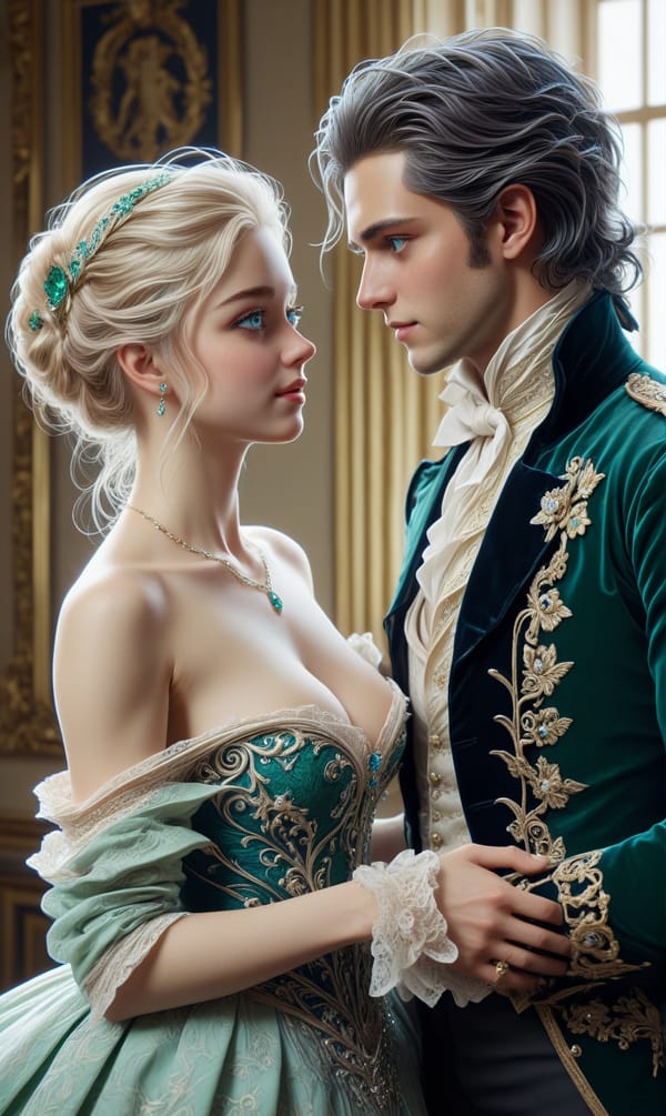 Tags: undefined
(topless nude her bare breast breasts nipples:1.7),
(man and a woman couple embracing each other there is a height difference between them), 
(1 topless blonde girl wearing green ballgown falling off shoulders exposing her bare breasts: 1.1),
(1 black haired man wearing black velvet ducal jacket with black swept back hair queue hansome:1.1), 

(ultra realistic:1.3),(best quality:1.3),(illustration:1.1),(hyper detailed:1.1),(high quality:1.1),masterpiece, pale complexion, intricate details, ultra detailed,(height difference:1.1),(eye contact:1.2),close together, emerald necklace,(blue colored eyes:1.2),(preparing to waltz:1.1),ballroom, small smile,elegant,1790s British formal clothes,
<lora:JuggerCineXL2:1>,<lora:LaxpeintXL-2.0:0.7>,<lora:add_detail:1>,<lora:more_details:1>,<lora:Tempest_Magic_-_XL_Grimoire:1>,<lora:detailed_notrigger:1>,
Negative prompt: ((hand, hands)),greyscale, bad anatomy, extra fingers, extra limbs, bad eyes,(mutated limbs:1.2),(mutated hands, mutated fingers:1.2),(deformed hands:1.2),simple background, signature, writing, logo, watermark, abnormal eye proportion,ugly-detailed-fingers,ugly-detailed-toes,fingers-in-worst-possible-shape,worst-detailed-eyes,undetailed-eyes,undetailed-fingers,mustache,closed-eyes,(wrinkled-coat:1.1),
Steps: 36, Sampler: Euler a, CFG scale: 1.5, Seed: 2982642797, Size: 768x1280, Model hash: c8df560d29, Model: juggernautXL_v9Rdphoto2Lightning, Denoising strength: 0.4, Hires upscale: 1.35, Hires steps: 4, Hires upscaler: R-ESRGAN 4x+, Lora hashes: "JuggerCineXL2: 91f68961ddc0, more_details: 3b8aa1d351ef, Tempest_Magic_-_XL_Grimoire: 705cf362e7a7, detailed_notrigger: 0f984fef7394", Version: v1.8.0