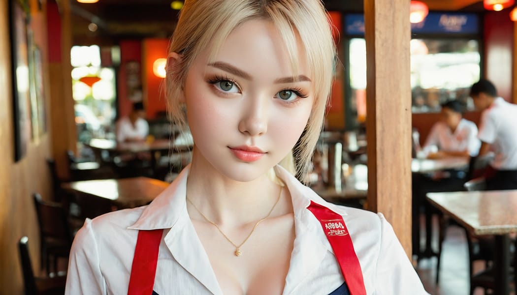 Tags: 21872187, SDXL
{"3": {"inputs": {"seed": 994253948035982, "steps": 64, "cfg": 7.22, "sampler_name": "dpmpp_2m", "scheduler": "karras", "denoise": 1.0, "model": ["27", 0], "positive": ["6", 0], "negative": ["7", 0], "latent_image": ["5", 0]}, "class_type": "KSampler"}, "4": {"inputs": {"ckpt_name": "juggernautxl.safetensors"}, "class_type": "CheckpointLoaderSimple"}, "5": {"inputs": {"width": 1344, "height": 768, "batch_size": 1}, "class_type": "EmptyLatentImage"}, "6": {"inputs": {"text": "19 year old girl, (seductive pose:1.10), (cute:0.98), (slim:1.07), (blush:0.96), (pale skin:1.03), (temptress:1.05), (detailed face:1.06), (eyelashes:1.04), (beautiful eyes:0.96), (double eyelids:0.98), (sexy lips:1.12), (seductive facial expression:1.13), (in a seductive pose:0.99), (large perky breasts:0.98), (cleavage:1.09), (thigh gap:1.12), (a waitress in uniform:1.14) working at a restaurant, (skin fuzz:1.08), (detailed skin:1.05), (textured skin:1.08), (RAW:1.09), (portra:1.09), (film:1.03), (candid cinema:1.07), (natural looking skin:1.04), (soft lighting:1.01)", "clip": ["27", 1]}, "class_type": "CLIPTextEncode"}, "7": {"inputs": {"text": "(worst quality:1.10), (distorted:1.11), (open mouth:1.06), (watermark:1.06), (low resolution:1.11), (twisted:1.07), (bad hands:1.07)", "clip": ["27", 1]}, "class_type": "CLIPTextEncode"}, "8": {"inputs": {"samples": ["3", 0], "vae": ["4", 2]}, "class_type": "VAEDecode"}, "25": {"inputs": {"lora_name": "nudify_xl.safetensors", "strength_model": 0.25, "strength_clip": 0.28, "model": ["4", 0], "clip": ["4", 1]}, "class_type": "LoraLoader"}, "26": {"inputs": {"lora_name": "shirtlift_SDXL_v2.safetensors", "strength_model": 0.18, "strength_clip": 0.04, "model": ["25", 0], "clip": ["25", 1]}, "class_type": "LoraLoader"}, "27": {"inputs": {"lora_name": "PerfectEyesXL.safetensors", "strength_model": 0.13, "strength_clip": 0.18, "model": ["26", 0], "clip": ["26", 1]}, "class_type": "LoraLoader"}, "30": {"inputs": {"model_name": "4x_NMKD-Superscale-SP_178000_G.pth"}, "class_type": "UpscaleModelLoader"}, "31": {"inputs": {"upscale_model": ["30", 0], "image": ["8", 0]}, "class_type": "ImageUpscaleWithModel"}, "32": {"inputs": {"upscale_method": "lanczos", "scale_by": 0.5, "image": ["31", 0]}, "class_type": "ImageScaleBy"}, "33": {"inputs": {"pixels": ["32", 0], "vae": ["4", 2]}, "class_type": "VAEEncode"}, "34": {"inputs": {"seed": 994253948035982, "steps": 64, "cfg": 7.22, "sampler_name": "dpmpp_2m", "scheduler": "karras", "denoise": 0.3, "model": ["27", 0], "positive": ["6", 0], "negative": ["7", 0], "latent_image": ["33", 0]}, "class_type": "KSampler"}, "36": {"inputs": {"samples": ["34", 0], "vae": ["4", 2]}, "class_type": "VAEDecode"}, "39": {"inputs": {"filename_prefix": "comfyapi-1714104095652", "images": ["36", 0]}, "class_type": "SaveImage"}}