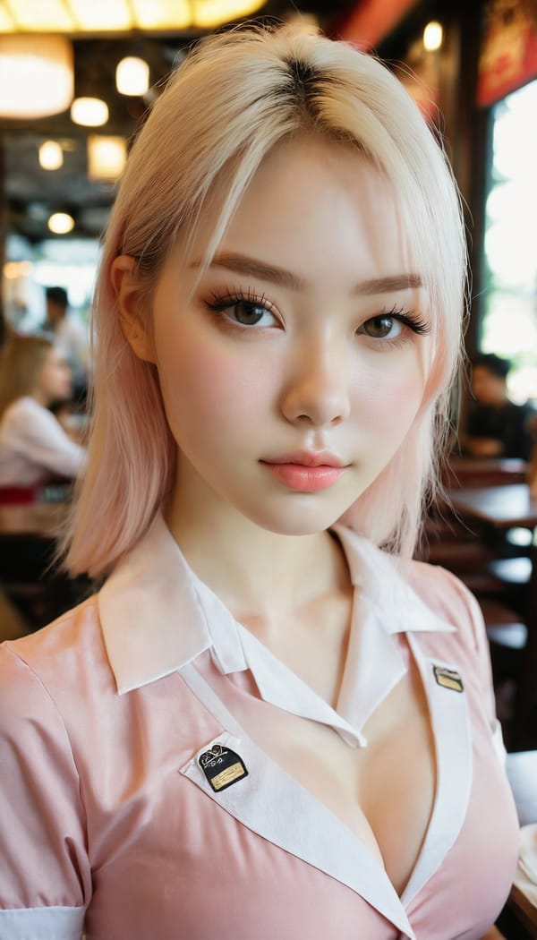 Tags: 21872187, SDXL
{"3": {"inputs": {"seed": 336223129398290, "steps": 64, "cfg": 6.38, "sampler_name": "dpmpp_2m", "scheduler": "karras", "denoise": 1.0, "model": ["27", 0], "positive": ["6", 0], "negative": ["7", 0], "latent_image": ["5", 0]}, "class_type": "KSampler"}, "4": {"inputs": {"ckpt_name": "juggernautxl.safetensors"}, "class_type": "CheckpointLoaderSimple"}, "5": {"inputs": {"width": 768, "height": 1344, "batch_size": 1}, "class_type": "EmptyLatentImage"}, "6": {"inputs": {"text": "25 year old girl, (slim:1.00), (cute:0.97), (eyelashes:0.99), (pale skin:1.02), (seductive pose:1.06), (blush:1.10), (sexy lips:1.09), (temptress:1.00), (seductive facial expression:0.97), (double eyelids:0.97), (idol:1.14), (detailed face:0.97), (beautiful eyes:1.11), (in a seductive pose:1.00), (large perky breasts:1.01), (cleavage:0.97), (thigh gap:1.09), (a waitress in uniform:1.05) working at a restaurant, (textured skin:1.01), (portra:1.04), (candid cinema:1.05), (RAW:1.09), (detailed skin:1.04), (film:1.06), (natural looking skin:1.07), (soft lighting:1.03), (skin fuzz:1.09)", "clip": ["27", 1]}, "class_type": "CLIPTextEncode"}, "7": {"inputs": {"text": "(bad hands:1.14), (twisted:1.09), (worst quality:1.14), (distorted:1.08), (low resolution:1.06), (open mouth:1.14), (watermark:1.13)", "clip": ["27", 1]}, "class_type": "CLIPTextEncode"}, "8": {"inputs": {"samples": ["3", 0], "vae": ["4", 2]}, "class_type": "VAEDecode"}, "25": {"inputs": {"lora_name": "nudify_xl.safetensors", "strength_model": 0.03, "strength_clip": 0.23, "model": ["4", 0], "clip": ["4", 1]}, "class_type": "LoraLoader"}, "26": {"inputs": {"lora_name": "shirtlift_SDXL_v2.safetensors", "strength_model": 0.06, "strength_clip": 0.07, "model": ["25", 0], "clip": ["25", 1]}, "class_type": "LoraLoader"}, "27": {"inputs": {"lora_name": "PerfectEyesXL.safetensors", "strength_model": 0.06, "strength_clip": 0.01, "model": ["26", 0], "clip": ["26", 1]}, "class_type": "LoraLoader"}, "30": {"inputs": {"model_name": "4x_NMKD-Superscale-SP_178000_G.pth"}, "class_type": "UpscaleModelLoader"}, "31": {"inputs": {"upscale_model": ["30", 0], "image": ["8", 0]}, "class_type": "ImageUpscaleWithModel"}, "32": {"inputs": {"upscale_method": "lanczos", "scale_by": 0.5, "image": ["31", 0]}, "class_type": "ImageScaleBy"}, "33": {"inputs": {"pixels": ["32", 0], "vae": ["4", 2]}, "class_type": "VAEEncode"}, "34": {"inputs": {"seed": 336223129398290, "steps": 64, "cfg": 6.38, "sampler_name": "dpmpp_2m", "scheduler": "karras", "denoise": 0.3, "model": ["27", 0], "positive": ["6", 0], "negative": ["7", 0], "latent_image": ["33", 0]}, "class_type": "KSampler"}, "36": {"inputs": {"samples": ["34", 0], "vae": ["4", 2]}, "class_type": "VAEDecode"}, "39": {"inputs": {"filename_prefix": "comfyapi-1734872796637", "images": ["36", 0]}, "class_type": "SaveImage"}}