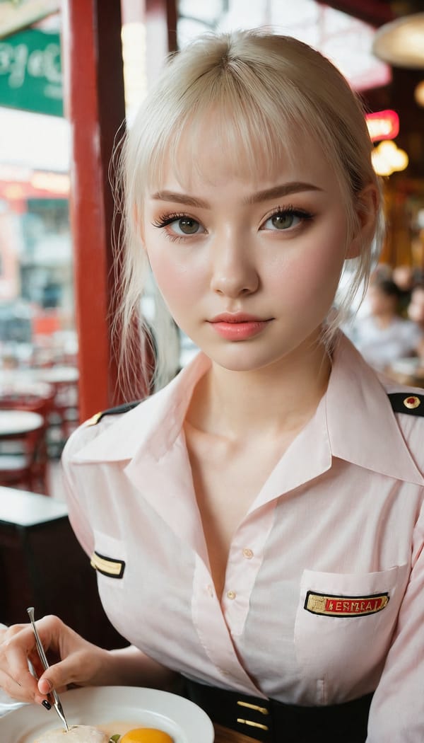 Tags: 21872187, SDXL
{"3": {"inputs": {"seed": 953624993452084, "steps": 64, "cfg": 7.01, "sampler_name": "dpmpp_2m", "scheduler": "karras", "denoise": 1.0, "model": ["27", 0], "positive": ["6", 0], "negative": ["7", 0], "latent_image": ["5", 0]}, "class_type": "KSampler"}, "4": {"inputs": {"ckpt_name": "juggernautxl.safetensors"}, "class_type": "CheckpointLoaderSimple"}, "5": {"inputs": {"width": 768, "height": 1344, "batch_size": 1}, "class_type": "EmptyLatentImage"}, "6": {"inputs": {"text": "23 year old girl, (russian:1.11), (detailed face:1.03), (cute:0.97), (seductive facial expression:1.06), (blush:0.98), (seductive pose:1.00), (temptress:1.06), (double eyelids:1.02), (slim:1.04), (idol:1.09), (sexy lips:0.95), (pale skin:1.11), (eyelashes:1.13), (in a seductive pose:0.96), (large perky breasts:0.97), (cleavage:0.95), (thigh gap:1.03), (a waitress in uniform:1.01) working at a restaurant, (candid cinema:1.04), (textured skin:1.06), (detailed skin:1.05), (skin fuzz:1.08), (natural looking skin:1.05), (portra:1.07), (film:1.05), (RAW:1.08), (soft lighting:1.01)", "clip": ["27", 1]}, "class_type": "CLIPTextEncode"}, "7": {"inputs": {"text": "(twisted:1.11), (low resolution:1.11), (distorted:1.11), (bad hands:1.08), (open mouth:1.10), (worst quality:1.10), (watermark:1.08)", "clip": ["27", 1]}, "class_type": "CLIPTextEncode"}, "8": {"inputs": {"samples": ["3", 0], "vae": ["4", 2]}, "class_type": "VAEDecode"}, "25": {"inputs": {"lora_name": "nudify_xl.safetensors", "strength_model": 0.0, "strength_clip": 0.11, "model": ["4", 0], "clip": ["4", 1]}, "class_type": "LoraLoader"}, "26": {"inputs": {"lora_name": "shirtlift_SDXL_v2.safetensors", "strength_model": 0.05, "strength_clip": 0.14, "model": ["25", 0], "clip": ["25", 1]}, "class_type": "LoraLoader"}, "27": {"inputs": {"lora_name": "PerfectEyesXL.safetensors", "strength_model": 0.09, "strength_clip": 0.12, "model": ["26", 0], "clip": ["26", 1]}, "class_type": "LoraLoader"}, "30": {"inputs": {"model_name": "4x_NMKD-Superscale-SP_178000_G.pth"}, "class_type": "UpscaleModelLoader"}, "31": {"inputs": {"upscale_model": ["30", 0], "image": ["8", 0]}, "class_type": "ImageUpscaleWithModel"}, "32": {"inputs": {"upscale_method": "lanczos", "scale_by": 0.5, "image": ["31", 0]}, "class_type": "ImageScaleBy"}, "33": {"inputs": {"pixels": ["32", 0], "vae": ["4", 2]}, "class_type": "VAEEncode"}, "34": {"inputs": {"seed": 953624993452084, "steps": 64, "cfg": 7.01, "sampler_name": "dpmpp_2m", "scheduler": "karras", "denoise": 0.3, "model": ["27", 0], "positive": ["6", 0], "negative": ["7", 0], "latent_image": ["33", 0]}, "class_type": "KSampler"}, "36": {"inputs": {"samples": ["34", 0], "vae": ["4", 2]}, "class_type": "VAEDecode"}, "39": {"inputs": {"filename_prefix": "comfyapi-1714439255917", "images": ["36", 0]}, "class_type": "SaveImage"}}