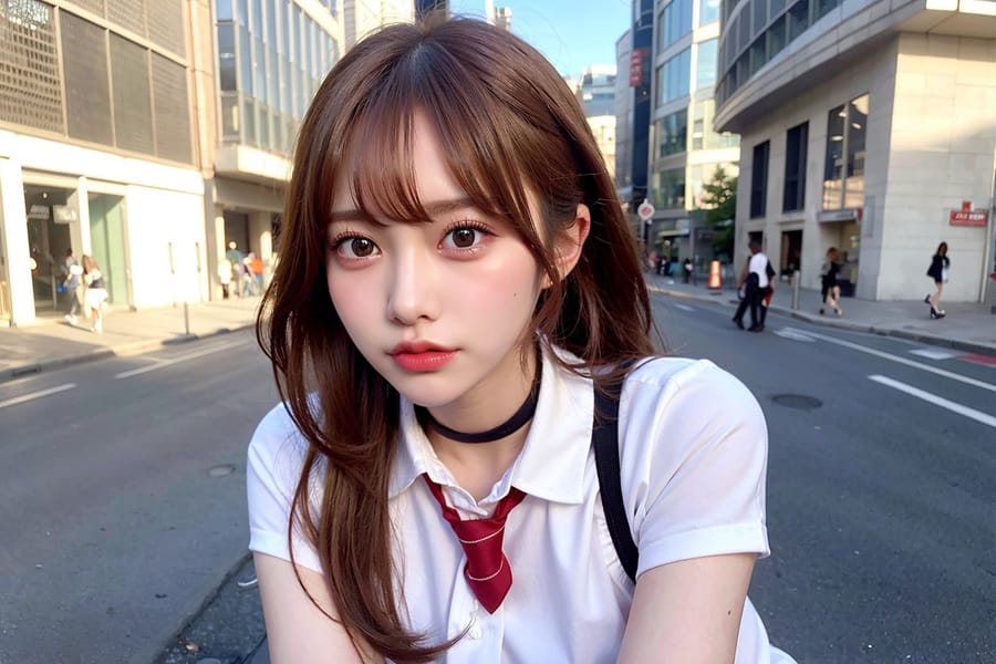 Tags: 21872187
<lora:JapaneseDollLikeness_v15:0.74>, <lora:koreanDollLikeness:0.38>, <lora:YaeMiko_Test:0.43>, (school uniform:0.95), (large breasts:1.14), choker, busy street in urban city, (seductive pose:1.09), extremely detailed eyes, extremely detailed face, cute, (photorealistic:0.98), sexy lips, double eyelids, eyelashes, perky breasts, textured skin, 4K, best quality, (thigh gap:1.14), blush, delicate and beautiful girl
Negative prompt: drawings, sketches, paintings, anime, black and white, (worst quality:2.16)
Steps: 32, Sampler: DPM++ 2M Karras, CFG scale: 5.17, Seed: 1851518673, Size: 768x512, Model hash: fc2511737a, Model: chilloutmix_NiPrunedFp32Fix, Seed resize from: -1x-1, Denoising strength: 0.4, Version: v1.2.1, Hires upscale: 2.0, Hires steps: 16, Hires upscaler: ESRGAN_4x