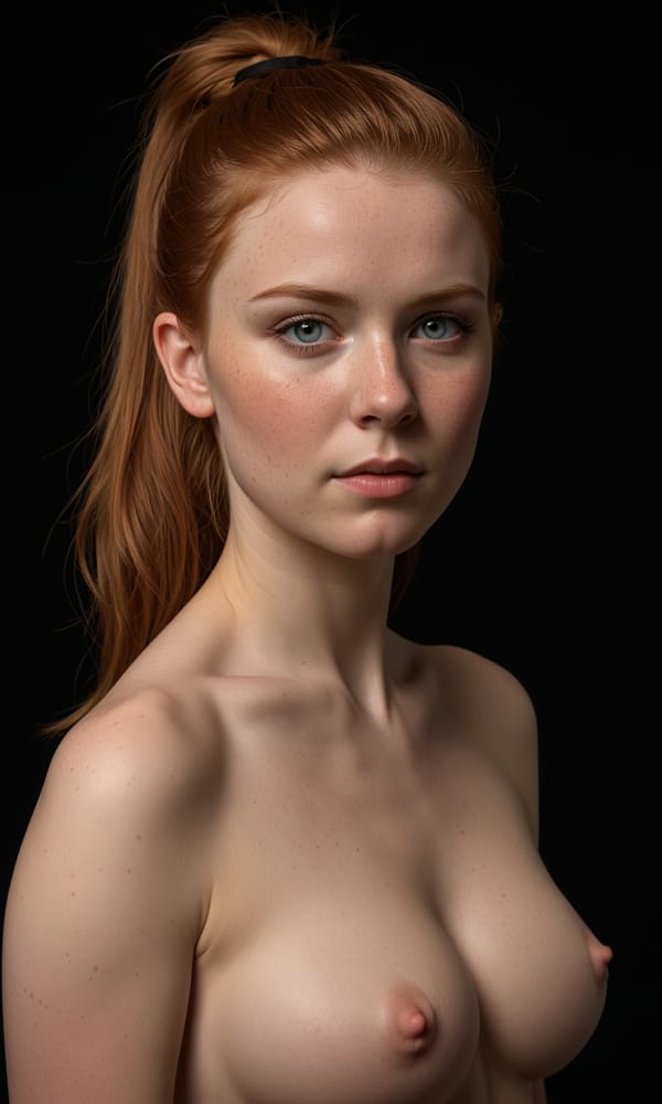 Tags: undefined
(full body photo of topless pale readhead 1girl:1.2),  (Heavy breasts with aroused nipples1.1) simple background, brown hair ponytail, swept bangs, shaved smooth pussy , elegant, beautiful, freckles, realistic, beautiful eyes, dark shadows, night background, dark, chiaroscuro, low-key, slight smile, 
<lora:skin_4:0.2>, <lora:Perfect Hands v2:0.2>,
Negative prompt: pubic hair, bad quality, blurry, ugly, hand, hands, panties, thong

Steps: 24, Sampler: Euler a, CFG scale: 2, Seed: 2104456724, Size: 768x1280, Model hash: c8df560d29, Model: juggernautXL_v9Rdphoto2Lightning, Denoising strength: 0.5, Wildcard prompt: "(full body photo of topless pale readhead 1girl:1.2),  (__breast_size__ breasts with aroused nipples1.1) simple background, brown hair ponytail, swept bangs, __sexy_bottom_attire__, elegant, beautiful, freckles, realistic, beautiful eyes, dark shadows, night background, dark, chiaroscuro, low-key, slight smile, \n<lora:skin_4:0.2>, <lora:Perfect Hands v2:0.2>,", Hires upscale: 1.5, Hires steps: 12, Hires upscaler: R-ESRGAN 4x+, Lora hashes: "skin_4: 0fa3db041a60, Perfect Hands v2: 8448755682f7", Version: v1.8.0