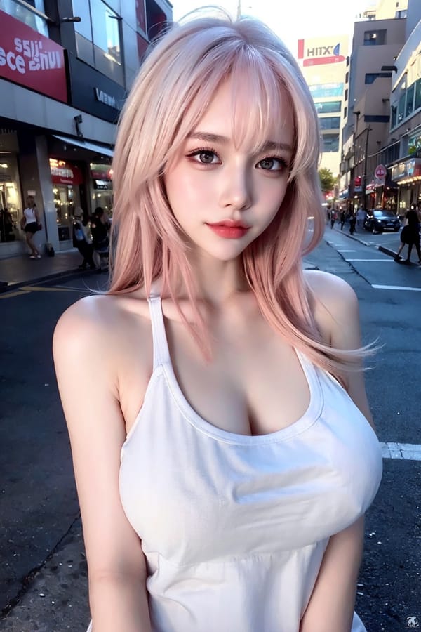 Tags: 21872187
<lora:koreanDollLikeness:0.78>, <lora:YaeMiko_Test:0.79>, (white tank top:1.15), (large breasts:1.10), busy street in urban city, (seductive pose:1.16), extremely detailed eyes, extremely detailed face, cute, (photorealistic:0.94), sexy lips, seductive smile, double eyelids, eyelashes, perky breasts, full body portrait, textured skin, RAW, best quality, sharp, hyper realistic, tall, 1girl, solo, (dramatic:0.95)
Negative prompt: paintings, fat, disfigured, (worst quality:2.25)
Steps: 32, Sampler: DPM++ 2M Karras, CFG scale: 6.0, Seed: 346313463, Size: 512x768, Model hash: fc2511737a, Model: chilloutmix_NiPrunedFp32Fix, Seed resize from: -1x-1, Denoising strength: 0.4, Version: v1.2.1, Hires upscale: 2.5, Hires steps: 16, Hires upscaler: ESRGAN_4x