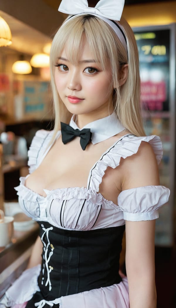 Tags: 21872187, SDXL
{"3": {"inputs": {"seed": 398972562211505, "steps": 32, "cfg": 5.57, "sampler_name": "dpmpp_2m", "scheduler": "karras", "denoise": 1.0, "model": ["27", 0], "positive": ["6", 0], "negative": ["7", 0], "latent_image": ["5", 0]}, "class_type": "KSampler"}, "4": {"inputs": {"ckpt_name": "juggernautxl.safetensors"}, "class_type": "CheckpointLoaderSimple"}, "5": {"inputs": {"width": 768, "height": 1344, "batch_size": 1}, "class_type": "EmptyLatentImage"}, "6": {"inputs": {"text": "27 year old girl, (double eyelids:1.03), (seductive facial expression:1.13), (blush:1.08), (sexy lips:0.96), (pale skin:0.95), (beautiful eyes:1.10), (slim:1.02), (seductive pose:0.95), (detailed face:1.05), (eyelashes:0.95), (cute:1.08), (in a seductive pose:1.14), (large perky breasts:1.06), (cleavage:1.08), (thigh gap:1.05), in a (skimpy maid costume:0.99) working at a maid cafe, choker, bowtie, headband, pleated skirt, (textured skin:1.06), (skin fuzz:1.08), (candid cinema:1.05), (natural looking skin:1.01), (soft lighting:1.05), (RAW:1.07), (film:1.04), (portra:1.04), (detailed skin:1.05)", "clip": ["27", 1]}, "class_type": "CLIPTextEncode"}, "7": {"inputs": {"text": "(worst quality:1.05), (distorted:1.13), (bad hands:1.13), (twisted:1.09), (open mouth:1.10), (watermark:1.14), (low resolution:1.08)", "clip": ["27", 1]}, "class_type": "CLIPTextEncode"}, "8": {"inputs": {"samples": ["3", 0], "vae": ["4", 2]}, "class_type": "VAEDecode"}, "25": {"inputs": {"lora_name": "nudify_xl.safetensors", "strength_model": 0.09, "strength_clip": 0.1, "model": ["4", 0], "clip": ["4", 1]}, "class_type": "LoraLoader"}, "26": {"inputs": {"lora_name": "shirtlift_SDXL_v2.safetensors", "strength_model": 0.04, "strength_clip": 0.13, "model": ["25", 0], "clip": ["25", 1]}, "class_type": "LoraLoader"}, "27": {"inputs": {"lora_name": "PerfectEyesXL.safetensors", "strength_model": 0.11, "strength_clip": 0.19, "model": ["26", 0], "clip": ["26", 1]}, "class_type": "LoraLoader"}, "30": {"inputs": {"model_name": "4x_NMKD-Superscale-SP_178000_G.pth"}, "class_type": "UpscaleModelLoader"}, "31": {"inputs": {"upscale_model": ["30", 0], "image": ["8", 0]}, "class_type": "ImageUpscaleWithModel"}, "32": {"inputs": {"upscale_method": "lanczos", "scale_by": 0.5, "image": ["31", 0]}, "class_type": "ImageScaleBy"}, "33": {"inputs": {"pixels": ["32", 0], "vae": ["4", 2]}, "class_type": "VAEEncode"}, "34": {"inputs": {"seed": 398972562211505, "steps": 32, "cfg": 5.57, "sampler_name": "dpmpp_2m", "scheduler": "karras", "denoise": 0.3, "model": ["27", 0], "positive": ["6", 0], "negative": ["7", 0], "latent_image": ["33", 0]}, "class_type": "KSampler"}, "36": {"inputs": {"samples": ["34", 0], "vae": ["4", 2]}, "class_type": "VAEDecode"}, "39": {"inputs": {"filename_prefix": "comfyapi-1726398007182", "images": ["36", 0]}, "class_type": "SaveImage"}}