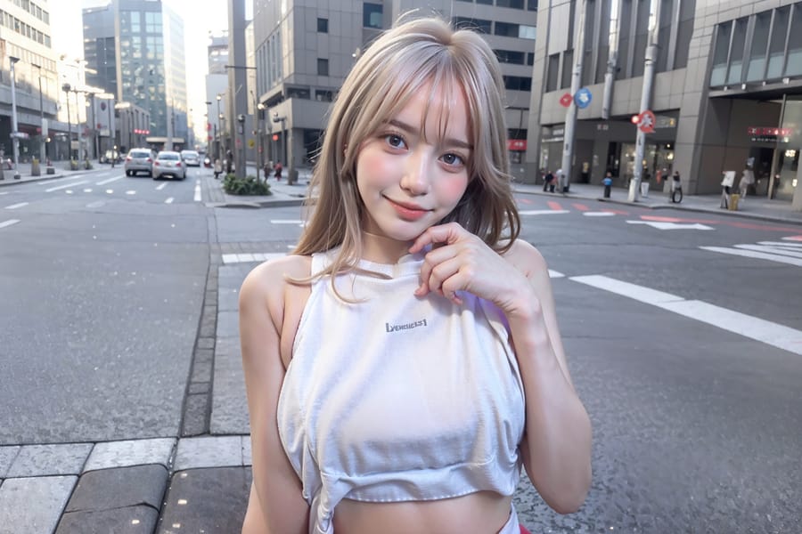 Tags: 21872187
<lora:mix4:0.48>, <lora:JapaneseDollLikeness_v15:0.78>, <lora:YaeMiko_Test:0.79>, (ukrainian:1.10), (white tank top:1.18), (large breasts:0.97), busy street in urban city, <lora:shirtliftv3:1.00>, <lora:breastinClass:0.45>, extremely detailed face, cute, (photorealistic:1.09), seductive smile, double eyelids, eyelashes, perky breasts, textured skin, 4K, best quality, sharp, (long slim legs:0.96), (thigh gap:1.00), delicate and beautiful girl, (stunningly attractive:0.97)
Negative prompt: drawings, sketches, paintings, anime, ugly, (low quality:1.90), (worst quality:2.15)
Steps: 32, Sampler: DPM++ 2M Karras, CFG scale: 6.99, Seed: 100600917, Size: 768x512, Model hash: fc2511737a, Model: chilloutmix_NiPrunedFp32Fix, Seed resize from: -1x-1, Denoising strength: 0.4, Version: v1.2.1, Hires upscale: 3.5, Hires steps: 32, Hires upscaler: ESRGAN_4x