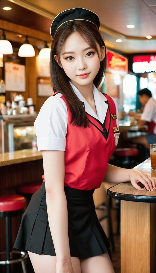 Tags: 21872187, SDXL
{"3": {"inputs": {"seed": 588304514695667, "steps": 32, "cfg": 7.15, "sampler_name": "dpmpp_2m", "scheduler": "karras", "denoise": 1.0, "model": ["27", 0], "positive": ["6", 0], "negative": ["7", 0], "latent_image": ["5", 0]}, "class_type": "KSampler"}, "4": {"inputs": {"ckpt_name": "juggernautxl.safetensors"}, "class_type": "CheckpointLoaderSimple"}, "5": {"inputs": {"width": 768, "height": 1344, "batch_size": 1}, "class_type": "EmptyLatentImage"}, "6": {"inputs": {"text": "18 year old girl, (blush:0.96), (double eyelids:1.04), (eyelashes:1.12), (idol:1.08), (seductive facial expression:1.02), (pale skin:1.00), (seductive pose:0.99), (slim:1.08), (cute:1.12), (sexy lips:1.05), (beautiful eyes:1.00), (perky ass:1.07), (exposed ass:1.00), (looking back:1.13), (sexy ass:0.95), (thigh gap:1.11), (a waitress in uniform:1.14) working at a restaurant, (textured skin:1.02), (skin fuzz:1.01), (film:1.09), (natural looking skin:1.08), (detailed skin:1.08), (candid cinema:1.02), (RAW:1.08), (portra:1.09), (soft lighting:1.08)", "clip": ["27", 1]}, "class_type": "CLIPTextEncode"}, "7": {"inputs": {"text": "(distorted:1.10), (watermark:1.08), (open mouth:1.07), (twisted:1.11), (low resolution:1.08), (worst quality:1.08), (bad hands:1.07)", "clip": ["27", 1]}, "class_type": "CLIPTextEncode"}, "8": {"inputs": {"samples": ["3", 0], "vae": ["4", 2]}, "class_type": "VAEDecode"}, "25": {"inputs": {"lora_name": "nudify_xl.safetensors", "strength_model": 0.32, "strength_clip": 0.24, "model": ["4", 0], "clip": ["4", 1]}, "class_type": "LoraLoader"}, "26": {"inputs": {"lora_name": "shirtlift_SDXL_v2.safetensors", "strength_model": 0.04, "strength_clip": 0.19, "model": ["25", 0], "clip": ["25", 1]}, "class_type": "LoraLoader"}, "27": {"inputs": {"lora_name": "PerfectEyesXL.safetensors", "strength_model": 0.08, "strength_clip": 0.08, "model": ["26", 0], "clip": ["26", 1]}, "class_type": "LoraLoader"}, "30": {"inputs": {"model_name": "4x_NMKD-Superscale-SP_178000_G.pth"}, "class_type": "UpscaleModelLoader"}, "31": {"inputs": {"upscale_model": ["30", 0], "image": ["8", 0]}, "class_type": "ImageUpscaleWithModel"}, "32": {"inputs": {"upscale_method": "lanczos", "scale_by": 0.5, "image": ["31", 0]}, "class_type": "ImageScaleBy"}, "33": {"inputs": {"pixels": ["32", 0], "vae": ["4", 2]}, "class_type": "VAEEncode"}, "34": {"inputs": {"seed": 588304514695667, "steps": 32, "cfg": 7.15, "sampler_name": "dpmpp_2m", "scheduler": "karras", "denoise": 0.3, "model": ["27", 0], "positive": ["6", 0], "negative": ["7", 0], "latent_image": ["33", 0]}, "class_type": "KSampler"}, "36": {"inputs": {"samples": ["34", 0], "vae": ["4", 2]}, "class_type": "VAEDecode"}, "39": {"inputs": {"filename_prefix": "comfyapi-1728127713607", "images": ["36", 0]}, "class_type": "SaveImage"}}