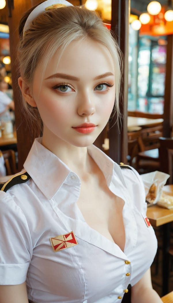 Tags: 21872187, SDXL
{"3": {"inputs": {"seed": 214321131797821, "steps": 32, "cfg": 6.87, "sampler_name": "dpmpp_2m", "scheduler": "karras", "denoise": 1.0, "model": ["27", 0], "positive": ["6", 0], "negative": ["7", 0], "latent_image": ["5", 0]}, "class_type": "KSampler"}, "4": {"inputs": {"ckpt_name": "juggernautxl.safetensors"}, "class_type": "CheckpointLoaderSimple"}, "5": {"inputs": {"width": 768, "height": 1344, "batch_size": 1}, "class_type": "EmptyLatentImage"}, "6": {"inputs": {"text": "25 year old girl, (ukrainian:1.09), (sexy lips:1.14), (eyelashes:0.97), (pale skin:1.11), (detailed face:1.10), (idol:1.11), (slim:0.98), (double eyelids:1.07), (beautiful eyes:0.99), (temptress:0.97), (cute:1.08), (seductive pose:1.14), (in a seductive pose:0.98), (large perky breasts:1.03), (cleavage:1.07), (thigh gap:1.00), (a waitress in uniform:1.09) working at a restaurant, (skin fuzz:1.04), (detailed skin:1.02), (RAW:1.01), (candid cinema:1.05), (textured skin:1.05), (film:1.05), (portra:1.03), (soft lighting:1.01), (natural looking skin:1.03)", "clip": ["27", 1]}, "class_type": "CLIPTextEncode"}, "7": {"inputs": {"text": "(watermark:1.05), (bad hands:1.14), (worst quality:1.09), (low resolution:1.06), (twisted:1.06), (open mouth:1.09), (distorted:1.14)", "clip": ["27", 1]}, "class_type": "CLIPTextEncode"}, "8": {"inputs": {"samples": ["3", 0], "vae": ["4", 2]}, "class_type": "VAEDecode"}, "25": {"inputs": {"lora_name": "nudify_xl.safetensors", "strength_model": 0.17, "strength_clip": 0.18, "model": ["4", 0], "clip": ["4", 1]}, "class_type": "LoraLoader"}, "26": {"inputs": {"lora_name": "shirtlift_SDXL_v2.safetensors", "strength_model": 0.02, "strength_clip": 0.09, "model": ["25", 0], "clip": ["25", 1]}, "class_type": "LoraLoader"}, "27": {"inputs": {"lora_name": "PerfectEyesXL.safetensors", "strength_model": 0.1, "strength_clip": 0.1, "model": ["26", 0], "clip": ["26", 1]}, "class_type": "LoraLoader"}, "30": {"inputs": {"model_name": "4x_NMKD-Superscale-SP_178000_G.pth"}, "class_type": "UpscaleModelLoader"}, "31": {"inputs": {"upscale_model": ["30", 0], "image": ["8", 0]}, "class_type": "ImageUpscaleWithModel"}, "32": {"inputs": {"upscale_method": "lanczos", "scale_by": 0.5, "image": ["31", 0]}, "class_type": "ImageScaleBy"}, "33": {"inputs": {"pixels": ["32", 0], "vae": ["4", 2]}, "class_type": "VAEEncode"}, "34": {"inputs": {"seed": 214321131797821, "steps": 32, "cfg": 6.87, "sampler_name": "dpmpp_2m", "scheduler": "karras", "denoise": 0.3, "model": ["27", 0], "positive": ["6", 0], "negative": ["7", 0], "latent_image": ["33", 0]}, "class_type": "KSampler"}, "36": {"inputs": {"samples": ["34", 0], "vae": ["4", 2]}, "class_type": "VAEDecode"}, "39": {"inputs": {"filename_prefix": "comfyapi-1725955948167", "images": ["36", 0]}, "class_type": "SaveImage"}}