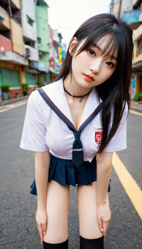 Tags: 21872187, SDXL
{"3": {"inputs": {"seed": 619054177141041, "steps": 32, "cfg": 7.73, "sampler_name": "dpmpp_2m", "scheduler": "karras", "denoise": 1.0, "model": ["27", 0], "positive": ["6", 0], "negative": ["7", 0], "latent_image": ["5", 0]}, "class_type": "KSampler"}, "4": {"inputs": {"ckpt_name": "helloworldxl.safetensors"}, "class_type": "CheckpointLoaderSimple"}, "5": {"inputs": {"width": 768, "height": 1344, "batch_size": 1}, "class_type": "EmptyLatentImage"}, "6": {"inputs": {"text": "19 year old girl, (ukrainian:0.98), (taiwanese:1.14), (japanese:1.14), (seductive facial expression:1.01), (slim:1.02), (beautiful eyes:0.98), (pale skin:1.00), (detailed face:1.05), (eyelashes:0.96), (double eyelids:1.04), (seductive pose:0.98), (sexy lips:0.95), (idol:0.95), (temptress:1.08), (blush:0.98), (in a seductive pose:1.04), (large perky breasts:1.06), (cleavage:0.96), (thigh gap:1.11), (school uniform:1.02), choker, busy street, (textured skin:1.06), (soft lighting:1.09), (RAW:1.06), (film:1.05), (skin fuzz:1.09), (natural looking skin:1.03), (detailed skin:1.04), (candid cinema:1.05)", "clip": ["27", 1]}, "class_type": "CLIPTextEncode"}, "7": {"inputs": {"text": "(bad hands:1.09), (twisted:1.13), (open mouth:1.10), (distorted:1.08), (watermark:1.13), (worst quality:1.13), (low resolution:1.13)", "clip": ["27", 1]}, "class_type": "CLIPTextEncode"}, "8": {"inputs": {"samples": ["3", 0], "vae": ["4", 2]}, "class_type": "VAEDecode"}, "25": {"inputs": {"lora_name": "nudify_xl.safetensors", "strength_model": 0.23, "strength_clip": 0.19, "model": ["4", 0], "clip": ["4", 1]}, "class_type": "LoraLoader"}, "26": {"inputs": {"lora_name": "shirtlift_SDXL_v2.safetensors", "strength_model": 0.01, "strength_clip": 0.16, "model": ["25", 0], "clip": ["25", 1]}, "class_type": "LoraLoader"}, "27": {"inputs": {"lora_name": "PerfectEyesXL.safetensors", "strength_model": 0.17, "strength_clip": 0.13, "model": ["26", 0], "clip": ["26", 1]}, "class_type": "LoraLoader"}, "30": {"inputs": {"model_name": "4x_NMKD-Superscale-SP_178000_G.pth"}, "class_type": "UpscaleModelLoader"}, "31": {"inputs": {"upscale_model": ["30", 0], "image": ["8", 0]}, "class_type": "ImageUpscaleWithModel"}, "32": {"inputs": {"upscale_method": "lanczos", "scale_by": 0.5, "image": ["31", 0]}, "class_type": "ImageScaleBy"}, "33": {"inputs": {"pixels": ["32", 0], "vae": ["4", 2]}, "class_type": "VAEEncode"}, "34": {"inputs": {"seed": 619054177141041, "steps": 32, "cfg": 7.73, "sampler_name": "dpmpp_2m", "scheduler": "karras", "denoise": 0.3, "model": ["27", 0], "positive": ["6", 0], "negative": ["7", 0], "latent_image": ["33", 0]}, "class_type": "KSampler"}, "36": {"inputs": {"samples": ["34", 0], "vae": ["4", 2]}, "class_type": "VAEDecode"}, "39": {"inputs": {"filename_prefix": "comfyapi-1734176322669", "images": ["36", 0]}, "class_type": "SaveImage"}}