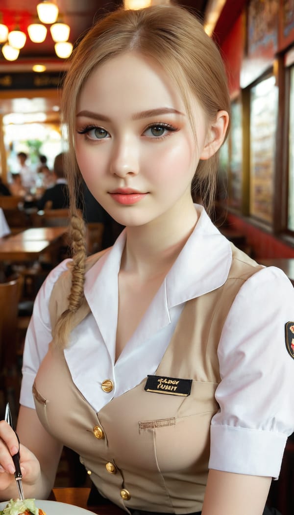 Tags: 21872187, SDXL
{"3": {"inputs": {"seed": 945500459338139, "steps": 32, "cfg": 7.89, "sampler_name": "dpmpp_2m", "scheduler": "karras", "denoise": 1.0, "model": ["27", 0], "positive": ["6", 0], "negative": ["7", 0], "latent_image": ["5", 0]}, "class_type": "KSampler"}, "4": {"inputs": {"ckpt_name": "juggernautxl.safetensors"}, "class_type": "CheckpointLoaderSimple"}, "5": {"inputs": {"width": 768, "height": 1344, "batch_size": 1}, "class_type": "EmptyLatentImage"}, "6": {"inputs": {"text": "21 year old girl, (russian:1.01), (cute:1.13), (blush:1.03), (idol:0.98), (sexy lips:1.12), (eyelashes:1.05), (pale skin:1.03), (temptress:1.09), (beautiful eyes:0.95), (seductive pose:0.98), (slim:1.05), (detailed face:1.02), (double eyelids:0.96), (in a seductive pose:1.02), (large perky breasts:1.02), (cleavage:1.02), (thigh gap:1.05), (a waitress in uniform:1.06) working at a restaurant, (film:1.02), (portra:1.00), (skin fuzz:1.07), (textured skin:1.04), (detailed skin:1.02), (RAW:1.08), (soft lighting:1.03), (candid cinema:1.03)", "clip": ["27", 1]}, "class_type": "CLIPTextEncode"}, "7": {"inputs": {"text": "(bad hands:1.05), (distorted:1.05), (watermark:1.05), (worst quality:1.07), (twisted:1.05), (low resolution:1.07), (open mouth:1.10)", "clip": ["27", 1]}, "class_type": "CLIPTextEncode"}, "8": {"inputs": {"samples": ["3", 0], "vae": ["4", 2]}, "class_type": "VAEDecode"}, "25": {"inputs": {"lora_name": "nudify_xl.safetensors", "strength_model": 0.24, "strength_clip": 0.35, "model": ["4", 0], "clip": ["4", 1]}, "class_type": "LoraLoader"}, "26": {"inputs": {"lora_name": "shirtlift_SDXL_v2.safetensors", "strength_model": 0.15, "strength_clip": 0.12, "model": ["25", 0], "clip": ["25", 1]}, "class_type": "LoraLoader"}, "27": {"inputs": {"lora_name": "PerfectEyesXL.safetensors", "strength_model": 0.15, "strength_clip": 0.08, "model": ["26", 0], "clip": ["26", 1]}, "class_type": "LoraLoader"}, "30": {"inputs": {"model_name": "4x_NMKD-Superscale-SP_178000_G.pth"}, "class_type": "UpscaleModelLoader"}, "31": {"inputs": {"upscale_model": ["30", 0], "image": ["8", 0]}, "class_type": "ImageUpscaleWithModel"}, "32": {"inputs": {"upscale_method": "lanczos", "scale_by": 0.5, "image": ["31", 0]}, "class_type": "ImageScaleBy"}, "33": {"inputs": {"pixels": ["32", 0], "vae": ["4", 2]}, "class_type": "VAEEncode"}, "34": {"inputs": {"seed": 945500459338139, "steps": 32, "cfg": 7.89, "sampler_name": "dpmpp_2m", "scheduler": "karras", "denoise": 0.3, "model": ["27", 0], "positive": ["6", 0], "negative": ["7", 0], "latent_image": ["33", 0]}, "class_type": "KSampler"}, "36": {"inputs": {"samples": ["34", 0], "vae": ["4", 2]}, "class_type": "VAEDecode"}, "39": {"inputs": {"filename_prefix": "comfyapi-1723840067351", "images": ["36", 0]}, "class_type": "SaveImage"}}