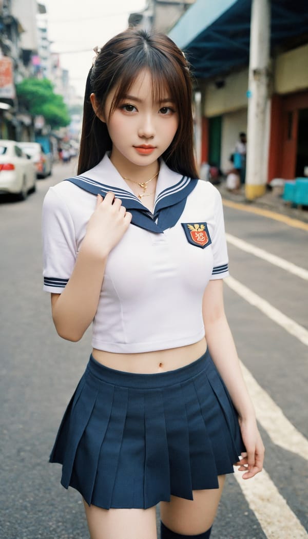 Tags: 21872187, SDXL
{"3": {"inputs": {"seed": 964572701351198, "steps": 32, "cfg": 7.01, "sampler_name": "dpmpp_2m", "scheduler": "karras", "denoise": 1.0, "model": ["27", 0], "positive": ["6", 0], "negative": ["7", 0], "latent_image": ["5", 0]}, "class_type": "KSampler"}, "4": {"inputs": {"ckpt_name": "helloworldxl.safetensors"}, "class_type": "CheckpointLoaderSimple"}, "5": {"inputs": {"width": 768, "height": 1344, "batch_size": 1}, "class_type": "EmptyLatentImage"}, "6": {"inputs": {"text": "18 year old girl, (taiwanese:0.95), (idol:1.05), (slim:0.95), (beautiful eyes:1.00), (eyelashes:0.97), (double eyelids:1.10), (sexy lips:1.12), (pale skin:1.12), (temptress:0.99), (blush:1.01), (seductive pose:1.10), (detailed face:1.01), (cute:0.99), (in a seductive pose:1.05), (large perky breasts:1.00), (cleavage:1.00), (thigh gap:1.00), (school uniform:1.04), choker, busy street, (detailed skin:1.03), (natural looking skin:1.09), (skin fuzz:1.01), (candid cinema:1.09), (soft lighting:1.05), (RAW:1.04), (textured skin:1.02), (film:1.01), (portra:1.07)", "clip": ["27", 1]}, "class_type": "CLIPTextEncode"}, "7": {"inputs": {"text": "(open mouth:1.06), (twisted:1.13), (low resolution:1.05), (worst quality:1.08), (bad hands:1.11), (distorted:1.09)", "clip": ["27", 1]}, "class_type": "CLIPTextEncode"}, "8": {"inputs": {"samples": ["3", 0], "vae": ["4", 2]}, "class_type": "VAEDecode"}, "25": {"inputs": {"lora_name": "nudify_xl.safetensors", "strength_model": 0.04, "strength_clip": 0.15, "model": ["4", 0], "clip": ["4", 1]}, "class_type": "LoraLoader"}, "26": {"inputs": {"lora_name": "shirtlift_SDXL_v2.safetensors", "strength_model": 0.14, "strength_clip": 0.02, "model": ["25", 0], "clip": ["25", 1]}, "class_type": "LoraLoader"}, "27": {"inputs": {"lora_name": "PerfectEyesXL.safetensors", "strength_model": 0.01, "strength_clip": 0.13, "model": ["26", 0], "clip": ["26", 1]}, "class_type": "LoraLoader"}, "30": {"inputs": {"model_name": "4x_NMKD-Superscale-SP_178000_G.pth"}, "class_type": "UpscaleModelLoader"}, "31": {"inputs": {"upscale_model": ["30", 0], "image": ["8", 0]}, "class_type": "ImageUpscaleWithModel"}, "32": {"inputs": {"upscale_method": "lanczos", "scale_by": 0.5, "image": ["31", 0]}, "class_type": "ImageScaleBy"}, "33": {"inputs": {"pixels": ["32", 0], "vae": ["4", 2]}, "class_type": "VAEEncode"}, "34": {"inputs": {"seed": 964572701351198, "steps": 32, "cfg": 7.01, "sampler_name": "dpmpp_2m", "scheduler": "karras", "denoise": 0.3, "model": ["27", 0], "positive": ["6", 0], "negative": ["7", 0], "latent_image": ["33", 0]}, "class_type": "KSampler"}, "36": {"inputs": {"samples": ["34", 0], "vae": ["4", 2]}, "class_type": "VAEDecode"}, "39": {"inputs": {"filename_prefix": "comfyapi-1714984411586", "images": ["36", 0]}, "class_type": "SaveImage"}}