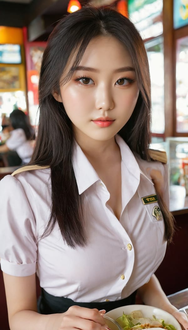 Tags: 21872187, SDXL
{"3": {"inputs": {"seed": 439834176283498, "steps": 64, "cfg": 5.44, "sampler_name": "dpmpp_2m", "scheduler": "karras", "denoise": 1.0, "model": ["27", 0], "positive": ["6", 0], "negative": ["7", 0], "latent_image": ["5", 0]}, "class_type": "KSampler"}, "4": {"inputs": {"ckpt_name": "juggernautxl.safetensors"}, "class_type": "CheckpointLoaderSimple"}, "5": {"inputs": {"width": 768, "height": 1344, "batch_size": 1}, "class_type": "EmptyLatentImage"}, "6": {"inputs": {"text": "22 year old girl, (irish:1.13), (korean:0.97), (cute:1.00), (blush:0.95), (temptress:1.13), (sexy lips:1.00), (seductive pose:1.03), (seductive facial expression:0.96), (slim:1.07), (pale skin:1.10), (idol:1.12), (beautiful eyes:0.99), (double eyelids:0.97), (in a seductive pose:1.05), (large perky breasts:1.12), (cleavage:1.14), (thigh gap:1.04), (a waitress in uniform:1.13) working at a restaurant, (candid cinema:1.05), (skin fuzz:1.09), (RAW:1.02), (film:1.06), (detailed skin:1.01), (natural looking skin:1.01), (soft lighting:1.01), (textured skin:1.09), (portra:1.04)", "clip": ["27", 1]}, "class_type": "CLIPTextEncode"}, "7": {"inputs": {"text": "(low resolution:1.05), (worst quality:1.13), (bad hands:1.09), (distorted:1.06), (watermark:1.10), (open mouth:1.10), (twisted:1.07)", "clip": ["27", 1]}, "class_type": "CLIPTextEncode"}, "8": {"inputs": {"samples": ["3", 0], "vae": ["4", 2]}, "class_type": "VAEDecode"}, "25": {"inputs": {"lora_name": "nudify_xl.safetensors", "strength_model": 0.17, "strength_clip": 0.16, "model": ["4", 0], "clip": ["4", 1]}, "class_type": "LoraLoader"}, "26": {"inputs": {"lora_name": "shirtlift_SDXL_v2.safetensors", "strength_model": 0.05, "strength_clip": 0.12, "model": ["25", 0], "clip": ["25", 1]}, "class_type": "LoraLoader"}, "27": {"inputs": {"lora_name": "PerfectEyesXL.safetensors", "strength_model": 0.12, "strength_clip": 0.12, "model": ["26", 0], "clip": ["26", 1]}, "class_type": "LoraLoader"}, "30": {"inputs": {"model_name": "4x_NMKD-Superscale-SP_178000_G.pth"}, "class_type": "UpscaleModelLoader"}, "31": {"inputs": {"upscale_model": ["30", 0], "image": ["8", 0]}, "class_type": "ImageUpscaleWithModel"}, "32": {"inputs": {"upscale_method": "lanczos", "scale_by": 0.5, "image": ["31", 0]}, "class_type": "ImageScaleBy"}, "33": {"inputs": {"pixels": ["32", 0], "vae": ["4", 2]}, "class_type": "VAEEncode"}, "34": {"inputs": {"seed": 439834176283498, "steps": 64, "cfg": 5.44, "sampler_name": "dpmpp_2m", "scheduler": "karras", "denoise": 0.3, "model": ["27", 0], "positive": ["6", 0], "negative": ["7", 0], "latent_image": ["33", 0]}, "class_type": "KSampler"}, "36": {"inputs": {"samples": ["34", 0], "vae": ["4", 2]}, "class_type": "VAEDecode"}, "39": {"inputs": {"filename_prefix": "comfyapi-1725366556253", "images": ["36", 0]}, "class_type": "SaveImage"}}