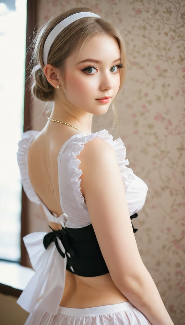 Tags: 21872187, SDXL
{"3": {"inputs": {"seed": 260265327617646, "steps": 32, "cfg": 6.32, "sampler_name": "dpmpp_2m", "scheduler": "karras", "denoise": 1.0, "model": ["27", 0], "positive": ["6", 0], "negative": ["7", 0], "latent_image": ["5", 0]}, "class_type": "KSampler"}, "4": {"inputs": {"ckpt_name": "juggernautxl.safetensors"}, "class_type": "CheckpointLoaderSimple"}, "5": {"inputs": {"width": 768, "height": 1344, "batch_size": 1}, "class_type": "EmptyLatentImage"}, "6": {"inputs": {"text": "20 year old girl, (irish:1.14), (ukrainian:0.97), (temptress:1.05), (eyelashes:1.13), (seductive facial expression:1.05), (blush:0.96), (double eyelids:1.10), (beautiful eyes:1.00), (cute:0.96), (slim:1.02), (seductive pose:1.14), (sexy lips:1.06), (idol:0.98), (pale skin:0.97), (perky ass:1.12), (exposed ass:0.99), (looking back:0.99), (sexy ass:1.08), (thigh gap:0.99), in a (skimpy maid costume:0.98) working at a maid cafe, choker, bowtie, headband, pleated skirt, (detailed skin:1.03), (portra:1.07), (textured skin:1.06), (soft lighting:1.08), (candid cinema:1.08), (natural looking skin:1.01), (RAW:1.04), (film:1.03), (skin fuzz:1.07)", "clip": ["27", 1]}, "class_type": "CLIPTextEncode"}, "7": {"inputs": {"text": "(twisted:1.11), (watermark:1.14), (low resolution:1.11), (worst quality:1.10), (open mouth:1.14), (bad hands:1.07), (distorted:1.13)", "clip": ["27", 1]}, "class_type": "CLIPTextEncode"}, "8": {"inputs": {"samples": ["3", 0], "vae": ["4", 2]}, "class_type": "VAEDecode"}, "25": {"inputs": {"lora_name": "nudify_xl.safetensors", "strength_model": 0.27, "strength_clip": 0.18, "model": ["4", 0], "clip": ["4", 1]}, "class_type": "LoraLoader"}, "26": {"inputs": {"lora_name": "shirtlift_SDXL_v2.safetensors", "strength_model": 0.01, "strength_clip": 0.04, "model": ["25", 0], "clip": ["25", 1]}, "class_type": "LoraLoader"}, "27": {"inputs": {"lora_name": "PerfectEyesXL.safetensors", "strength_model": 0.18, "strength_clip": 0.13, "model": ["26", 0], "clip": ["26", 1]}, "class_type": "LoraLoader"}, "30": {"inputs": {"model_name": "4x_NMKD-Superscale-SP_178000_G.pth"}, "class_type": "UpscaleModelLoader"}, "31": {"inputs": {"upscale_model": ["30", 0], "image": ["8", 0]}, "class_type": "ImageUpscaleWithModel"}, "32": {"inputs": {"upscale_method": "lanczos", "scale_by": 0.5, "image": ["31", 0]}, "class_type": "ImageScaleBy"}, "33": {"inputs": {"pixels": ["32", 0], "vae": ["4", 2]}, "class_type": "VAEEncode"}, "34": {"inputs": {"seed": 260265327617646, "steps": 32, "cfg": 6.32, "sampler_name": "dpmpp_2m", "scheduler": "karras", "denoise": 0.3, "model": ["27", 0], "positive": ["6", 0], "negative": ["7", 0], "latent_image": ["33", 0]}, "class_type": "KSampler"}, "36": {"inputs": {"samples": ["34", 0], "vae": ["4", 2]}, "class_type": "VAEDecode"}, "39": {"inputs": {"filename_prefix": "comfyapi-1714940434613", "images": ["36", 0]}, "class_type": "SaveImage"}}