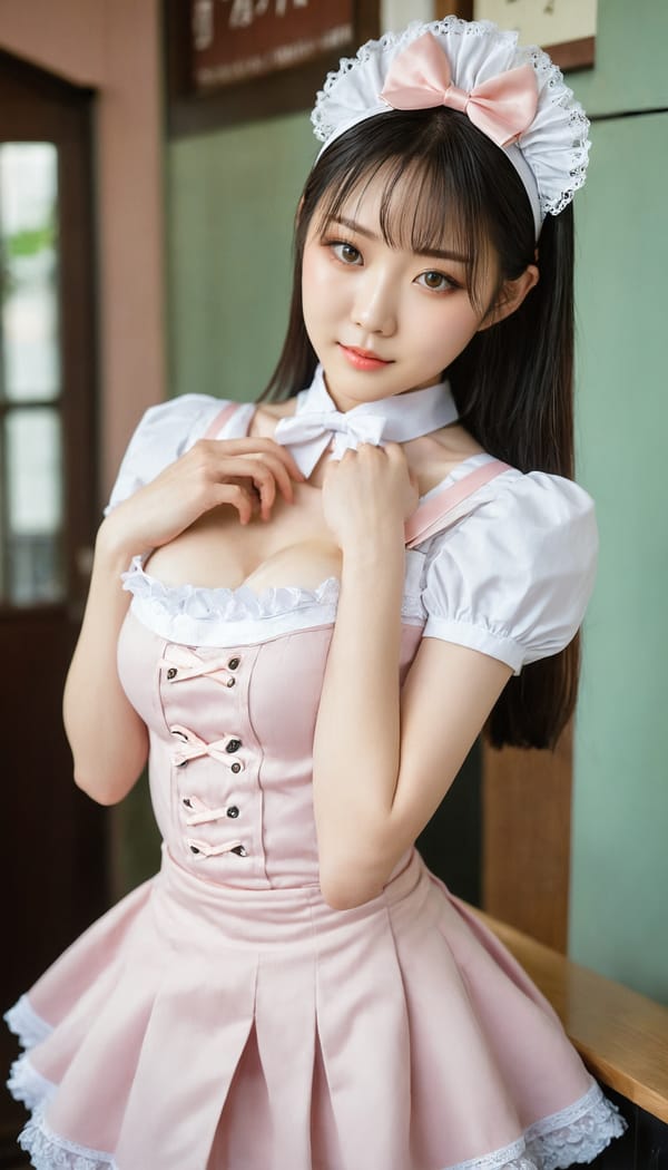 Tags: 21872187, SDXL
{"3": {"inputs": {"seed": 353828441529557, "steps": 64, "cfg": 6.74, "sampler_name": "dpmpp_2m", "scheduler": "karras", "denoise": 1.0, "model": ["27", 0], "positive": ["6", 0], "negative": ["7", 0], "latent_image": ["5", 0]}, "class_type": "KSampler"}, "4": {"inputs": {"ckpt_name": "juggernautxl.safetensors"}, "class_type": "CheckpointLoaderSimple"}, "5": {"inputs": {"width": 768, "height": 1344, "batch_size": 1}, "class_type": "EmptyLatentImage"}, "6": {"inputs": {"text": "19 year old girl, (taiwanese:0.95), (ukrainian:1.08), (korean:1.00), (seductive facial expression:1.13), (temptress:1.04), (cute:1.01), (pale skin:1.01), (detailed face:0.98), (sexy lips:0.98), (beautiful eyes:1.13), (seductive pose:1.14), (double eyelids:0.99), (eyelashes:1.00), (blush:0.98), (slim:1.09), (idol:1.02), (in a seductive pose:0.97), (large perky breasts:1.07), (cleavage:1.06), (thigh gap:1.09), in a (skimpy maid costume:1.00) working at a maid cafe, choker, bowtie, headband, pleated skirt, (portra:1.05), (RAW:1.04), (film:1.02), (soft lighting:1.09), (natural looking skin:1.08), (skin fuzz:1.02), (candid cinema:1.00), (textured skin:1.06), (detailed skin:1.03)", "clip": ["27", 1]}, "class_type": "CLIPTextEncode"}, "7": {"inputs": {"text": "(worst quality:1.05), (bad hands:1.11), (distorted:1.09), (twisted:1.12), (watermark:1.14), (low resolution:1.05), (open mouth:1.09)", "clip": ["27", 1]}, "class_type": "CLIPTextEncode"}, "8": {"inputs": {"samples": ["3", 0], "vae": ["4", 2]}, "class_type": "VAEDecode"}, "25": {"inputs": {"lora_name": "nudify_xl.safetensors", "strength_model": 0.15, "strength_clip": 0.2, "model": ["4", 0], "clip": ["4", 1]}, "class_type": "LoraLoader"}, "26": {"inputs": {"lora_name": "shirtlift_SDXL_v2.safetensors", "strength_model": 0.12, "strength_clip": 0.03, "model": ["25", 0], "clip": ["25", 1]}, "class_type": "LoraLoader"}, "27": {"inputs": {"lora_name": "PerfectEyesXL.safetensors", "strength_model": 0.19, "strength_clip": 0.01, "model": ["26", 0], "clip": ["26", 1]}, "class_type": "LoraLoader"}, "30": {"inputs": {"model_name": "4x_NMKD-Superscale-SP_178000_G.pth"}, "class_type": "UpscaleModelLoader"}, "31": {"inputs": {"upscale_model": ["30", 0], "image": ["8", 0]}, "class_type": "ImageUpscaleWithModel"}, "32": {"inputs": {"upscale_method": "lanczos", "scale_by": 0.5, "image": ["31", 0]}, "class_type": "ImageScaleBy"}, "33": {"inputs": {"pixels": ["32", 0], "vae": ["4", 2]}, "class_type": "VAEEncode"}, "34": {"inputs": {"seed": 353828441529557, "steps": 64, "cfg": 6.74, "sampler_name": "dpmpp_2m", "scheduler": "karras", "denoise": 0.3, "model": ["27", 0], "positive": ["6", 0], "negative": ["7", 0], "latent_image": ["33", 0]}, "class_type": "KSampler"}, "36": {"inputs": {"samples": ["34", 0], "vae": ["4", 2]}, "class_type": "VAEDecode"}, "39": {"inputs": {"filename_prefix": "comfyapi-1725192448310", "images": ["36", 0]}, "class_type": "SaveImage"}}