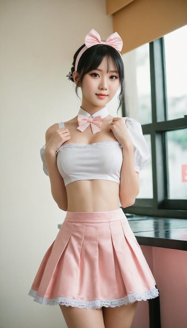 Tags: 21872187, SDXL
{"3": {"inputs": {"seed": 425551855506849, "steps": 32, "cfg": 5.5, "sampler_name": "dpmpp_2m", "scheduler": "karras", "denoise": 1.0, "model": ["27", 0], "positive": ["6", 0], "negative": ["7", 0], "latent_image": ["5", 0]}, "class_type": "KSampler"}, "4": {"inputs": {"ckpt_name": "juggernautXL_v8Rundiffusion.safetensors"}, "class_type": "CheckpointLoaderSimple"}, "5": {"inputs": {"width": 768, "height": 1344, "batch_size": 1}, "class_type": "EmptyLatentImage"}, "6": {"inputs": {"text": "26 year old girl, (taiwanese:0.95), (ukrainian:1.00), (eyelashes:1.00), (blush:1.09), (temptress:1.06), (cute:0.96), (idol:1.12), (detailed face:0.97), (seductive pose:1.08), (pale skin:1.03), (slim:1.10), (beautiful eyes:1.13), (sexy lips:1.14), (double eyelids:1.06), (seductive facial expression:1.13), (perky ass:1.10), (exposed ass:1.08), (looking back:0.98), (sexy ass:1.13), (thigh gap:1.11), in a (skimpy maid costume:1.02) working at a maid cafe, choker, bowtie, headband, pleated skirt, (detailed skin:1.04), (portra:1.04), (soft lighting:1.05), (skin fuzz:1.01), (textured skin:1.03), (RAW:1.02), (natural looking skin:1.08), (film:1.09), (candid cinema:1.07)", "clip": ["27", 1]}, "class_type": "CLIPTextEncode"}, "7": {"inputs": {"text": "(bad hands:1.10), (distorted:1.09), (watermark:1.05), (twisted:1.12), (low resolution:1.09), (open mouth:1.09), (worst quality:1.12)", "clip": ["27", 1]}, "class_type": "CLIPTextEncode"}, "8": {"inputs": {"samples": ["3", 0], "vae": ["4", 2]}, "class_type": "VAEDecode"}, "25": {"inputs": {"lora_name": "nudify_xl.safetensors", "strength_model": 0.04, "strength_clip": 0.31, "model": ["4", 0], "clip": ["4", 1]}, "class_type": "LoraLoader"}, "26": {"inputs": {"lora_name": "shirtlift_SDXL_v2.safetensors", "strength_model": 0.1, "strength_clip": 0.1, "model": ["25", 0], "clip": ["25", 1]}, "class_type": "LoraLoader"}, "27": {"inputs": {"lora_name": "PerfectEyesXL.safetensors", "strength_model": 0.03, "strength_clip": 0.17, "model": ["26", 0], "clip": ["26", 1]}, "class_type": "LoraLoader"}, "30": {"inputs": {"model_name": "4x_NMKD-Superscale-SP_178000_G.pth"}, "class_type": "UpscaleModelLoader"}, "31": {"inputs": {"upscale_model": ["30", 0], "image": ["8", 0]}, "class_type": "ImageUpscaleWithModel"}, "32": {"inputs": {"upscale_method": "lanczos", "scale_by": 0.5, "image": ["31", 0]}, "class_type": "ImageScaleBy"}, "33": {"inputs": {"pixels": ["32", 0], "vae": ["4", 2]}, "class_type": "VAEEncode"}, "34": {"inputs": {"seed": 425551855506849, "steps": 32, "cfg": 5.5, "sampler_name": "dpmpp_2m", "scheduler": "karras", "denoise": 0.3, "model": ["27", 0], "positive": ["6", 0], "negative": ["7", 0], "latent_image": ["33", 0]}, "class_type": "KSampler"}, "36": {"inputs": {"samples": ["34", 0], "vae": ["4", 2]}, "class_type": "VAEDecode"}, "39": {"inputs": {"filename_prefix": "comfyapi-1707632592785", "images": ["36", 0]}, "class_type": "SaveImage"}}