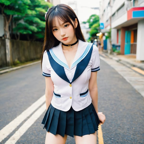 Tags: 21872187, SDXL
{"3": {"inputs": {"seed": 732294274090265, "steps": 64, "cfg": 7.57, "sampler_name": "dpmpp_2m", "scheduler": "karras", "denoise": 1.0, "model": ["27", 0], "positive": ["6", 0], "negative": ["7", 0], "latent_image": ["5", 0]}, "class_type": "KSampler"}, "4": {"inputs": {"ckpt_name": "helloworldxl.safetensors"}, "class_type": "CheckpointLoaderSimple"}, "5": {"inputs": {"width": 1024, "height": 1024, "batch_size": 1}, "class_type": "EmptyLatentImage"}, "6": {"inputs": {"text": "26 year old girl, (japanese:0.97), (pale skin:1.07), (double eyelids:1.14), (eyelashes:0.96), (sexy lips:0.96), (idol:1.13), (slim:1.12), (detailed face:1.02), (cute:1.02), (seductive pose:1.08), (blush:1.08), (beautiful eyes:1.01), (temptress:1.03), (seductive facial expression:1.08), (in a seductive pose:1.02), (large perky breasts:1.07), (cleavage:1.09), (thigh gap:1.14), (school uniform:1.13), choker, busy street, (skin fuzz:1.05), (natural looking skin:1.00), (portra:1.00), (detailed skin:1.08), (soft lighting:1.08), (RAW:1.00), (film:1.03), (candid cinema:1.09), (textured skin:1.06)", "clip": ["27", 1]}, "class_type": "CLIPTextEncode"}, "7": {"inputs": {"text": "(twisted:1.11), (bad hands:1.06), (open mouth:1.14), (watermark:1.09), (worst quality:1.13), (distorted:1.13), (low resolution:1.13)", "clip": ["27", 1]}, "class_type": "CLIPTextEncode"}, "8": {"inputs": {"samples": ["3", 0], "vae": ["4", 2]}, "class_type": "VAEDecode"}, "25": {"inputs": {"lora_name": "nudify_xl.safetensors", "strength_model": 0.03, "strength_clip": 0.04, "model": ["4", 0], "clip": ["4", 1]}, "class_type": "LoraLoader"}, "26": {"inputs": {"lora_name": "shirtlift_SDXL_v2.safetensors", "strength_model": 0.16, "strength_clip": 0.11, "model": ["25", 0], "clip": ["25", 1]}, "class_type": "LoraLoader"}, "27": {"inputs": {"lora_name": "PerfectEyesXL.safetensors", "strength_model": 0.16, "strength_clip": 0.18, "model": ["26", 0], "clip": ["26", 1]}, "class_type": "LoraLoader"}, "30": {"inputs": {"model_name": "4x_NMKD-Superscale-SP_178000_G.pth"}, "class_type": "UpscaleModelLoader"}, "31": {"inputs": {"upscale_model": ["30", 0], "image": ["8", 0]}, "class_type": "ImageUpscaleWithModel"}, "32": {"inputs": {"upscale_method": "lanczos", "scale_by": 0.5, "image": ["31", 0]}, "class_type": "ImageScaleBy"}, "33": {"inputs": {"pixels": ["32", 0], "vae": ["4", 2]}, "class_type": "VAEEncode"}, "34": {"inputs": {"seed": 732294274090265, "steps": 64, "cfg": 7.57, "sampler_name": "dpmpp_2m", "scheduler": "karras", "denoise": 0.3, "model": ["27", 0], "positive": ["6", 0], "negative": ["7", 0], "latent_image": ["33", 0]}, "class_type": "KSampler"}, "36": {"inputs": {"samples": ["34", 0], "vae": ["4", 2]}, "class_type": "VAEDecode"}, "39": {"inputs": {"filename_prefix": "comfyapi-1717371509754", "images": ["36", 0]}, "class_type": "SaveImage"}}