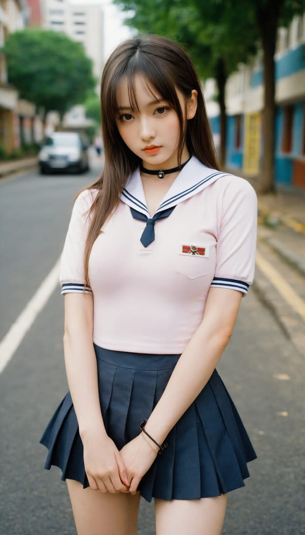 Tags: 21872187, SDXL
{"3": {"inputs": {"seed": 811234827684967, "steps": 64, "cfg": 6.69, "sampler_name": "dpmpp_2m", "scheduler": "karras", "denoise": 1.0, "model": ["27", 0], "positive": ["6", 0], "negative": ["7", 0], "latent_image": ["5", 0]}, "class_type": "KSampler"}, "4": {"inputs": {"ckpt_name": "helloworldxl.safetensors"}, "class_type": "CheckpointLoaderSimple"}, "5": {"inputs": {"width": 768, "height": 1344, "batch_size": 1}, "class_type": "EmptyLatentImage"}, "6": {"inputs": {"text": "22 year old girl, (idol:0.99), (detailed face:1.11), (blush:1.00), (pale skin:0.95), (slim:0.95), (double eyelids:0.98), (sexy lips:0.97), (cute:1.13), (seductive pose:1.02), (eyelashes:1.06), (beautiful eyes:1.07), (temptress:0.95), (seductive facial expression:1.13), (in a seductive pose:0.99), (large perky breasts:1.04), (cleavage:1.02), (thigh gap:1.09), (school uniform:1.08), choker, busy street, (film:1.07), (RAW:1.04), (candid cinema:1.02), (natural looking skin:1.05), (soft lighting:1.01), (portra:1.06), (textured skin:1.08), (skin fuzz:1.08), (detailed skin:1.04)", "clip": ["27", 1]}, "class_type": "CLIPTextEncode"}, "7": {"inputs": {"text": "(open mouth:1.14), (worst quality:1.06), (bad hands:1.09), (distorted:1.14), (watermark:1.12), (low resolution:1.14), (twisted:1.10)", "clip": ["27", 1]}, "class_type": "CLIPTextEncode"}, "8": {"inputs": {"samples": ["3", 0], "vae": ["4", 2]}, "class_type": "VAEDecode"}, "25": {"inputs": {"lora_name": "nudify_xl.safetensors", "strength_model": 0.06, "strength_clip": 0.33, "model": ["4", 0], "clip": ["4", 1]}, "class_type": "LoraLoader"}, "26": {"inputs": {"lora_name": "shirtlift_SDXL_v2.safetensors", "strength_model": 0.1, "strength_clip": 0.05, "model": ["25", 0], "clip": ["25", 1]}, "class_type": "LoraLoader"}, "27": {"inputs": {"lora_name": "PerfectEyesXL.safetensors", "strength_model": 0.12, "strength_clip": 0.11, "model": ["26", 0], "clip": ["26", 1]}, "class_type": "LoraLoader"}, "30": {"inputs": {"model_name": "4x_NMKD-Superscale-SP_178000_G.pth"}, "class_type": "UpscaleModelLoader"}, "31": {"inputs": {"upscale_model": ["30", 0], "image": ["8", 0]}, "class_type": "ImageUpscaleWithModel"}, "32": {"inputs": {"upscale_method": "lanczos", "scale_by": 0.5, "image": ["31", 0]}, "class_type": "ImageScaleBy"}, "33": {"inputs": {"pixels": ["32", 0], "vae": ["4", 2]}, "class_type": "VAEEncode"}, "34": {"inputs": {"seed": 811234827684967, "steps": 64, "cfg": 6.69, "sampler_name": "dpmpp_2m", "scheduler": "karras", "denoise": 0.3, "model": ["27", 0], "positive": ["6", 0], "negative": ["7", 0], "latent_image": ["33", 0]}, "class_type": "KSampler"}, "36": {"inputs": {"samples": ["34", 0], "vae": ["4", 2]}, "class_type": "VAEDecode"}, "39": {"inputs": {"filename_prefix": "comfyapi-1713663365038", "images": ["36", 0]}, "class_type": "SaveImage"}}